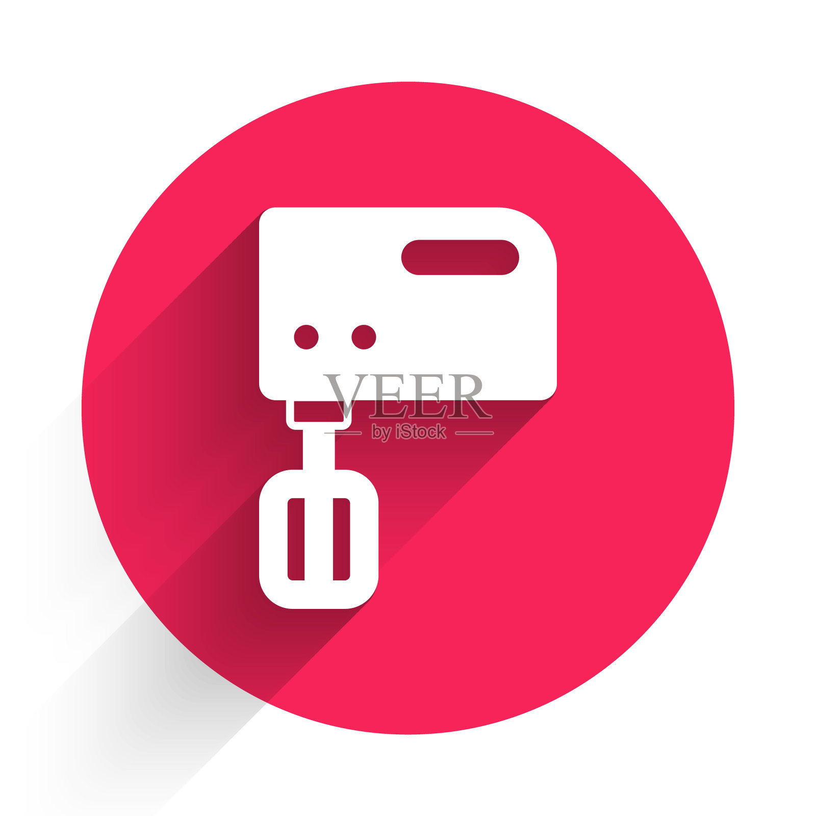 白色电动搅拌机图标与长阴影隔离。厨房的搅拌器。红色圆圈按钮。向量插画图片素材