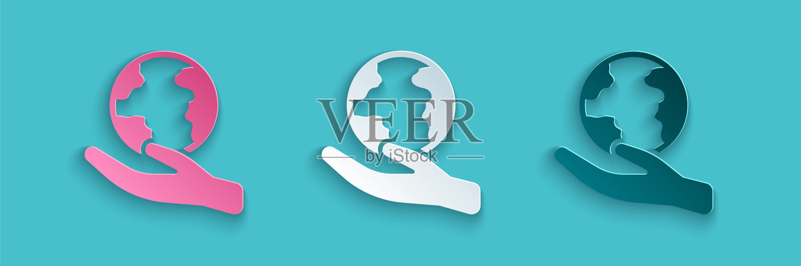 剪纸人的手握地球图标孤立在蓝色背景。拯救地球的概念。纸艺术风格。向量插画图片素材