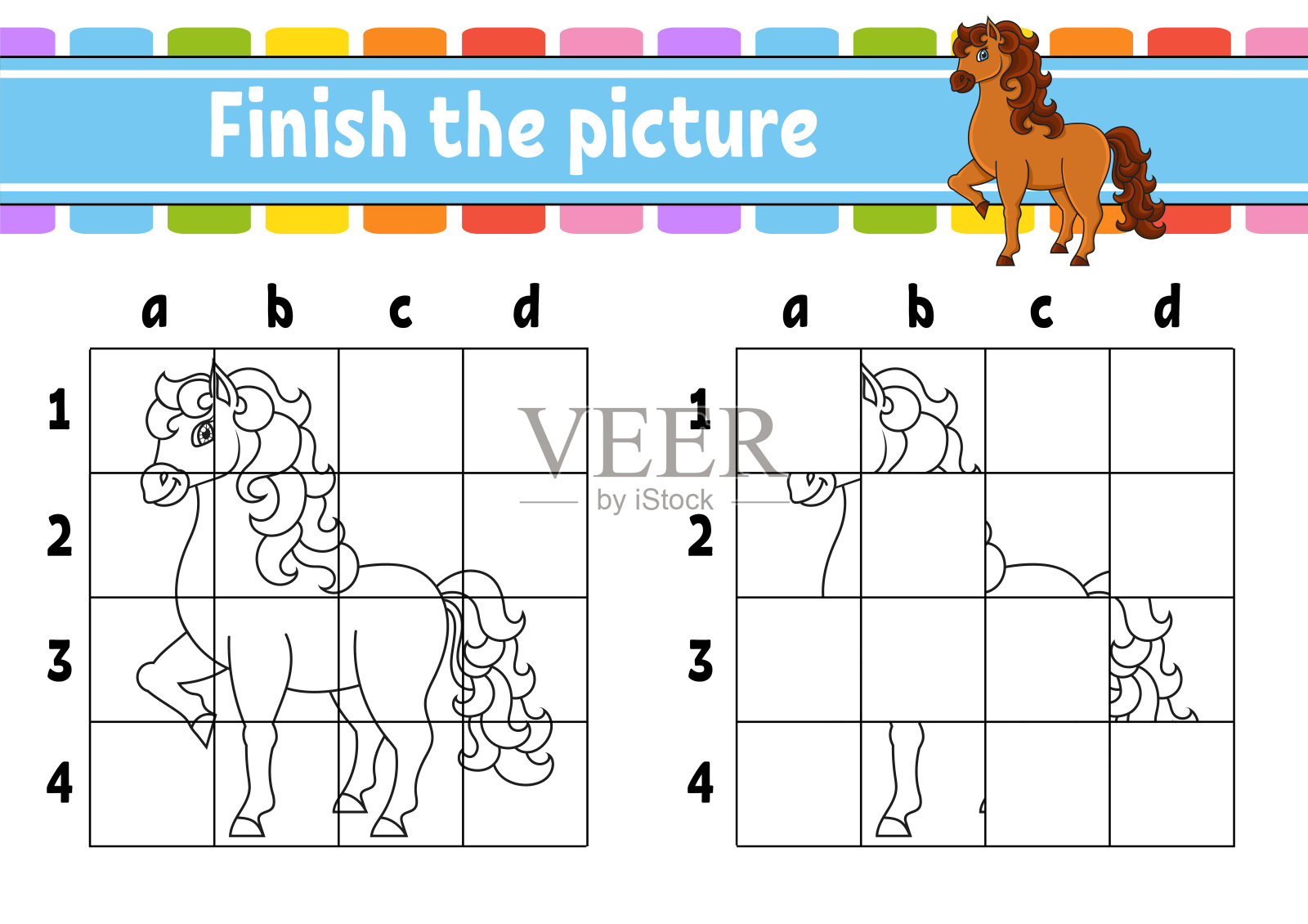 完成这幅画。可爱的马。农场动物。给孩子们的书页涂色。教育发展工作表。游戏对孩子们。书法练习。黑人的性格。矢量插图。插画图片素材