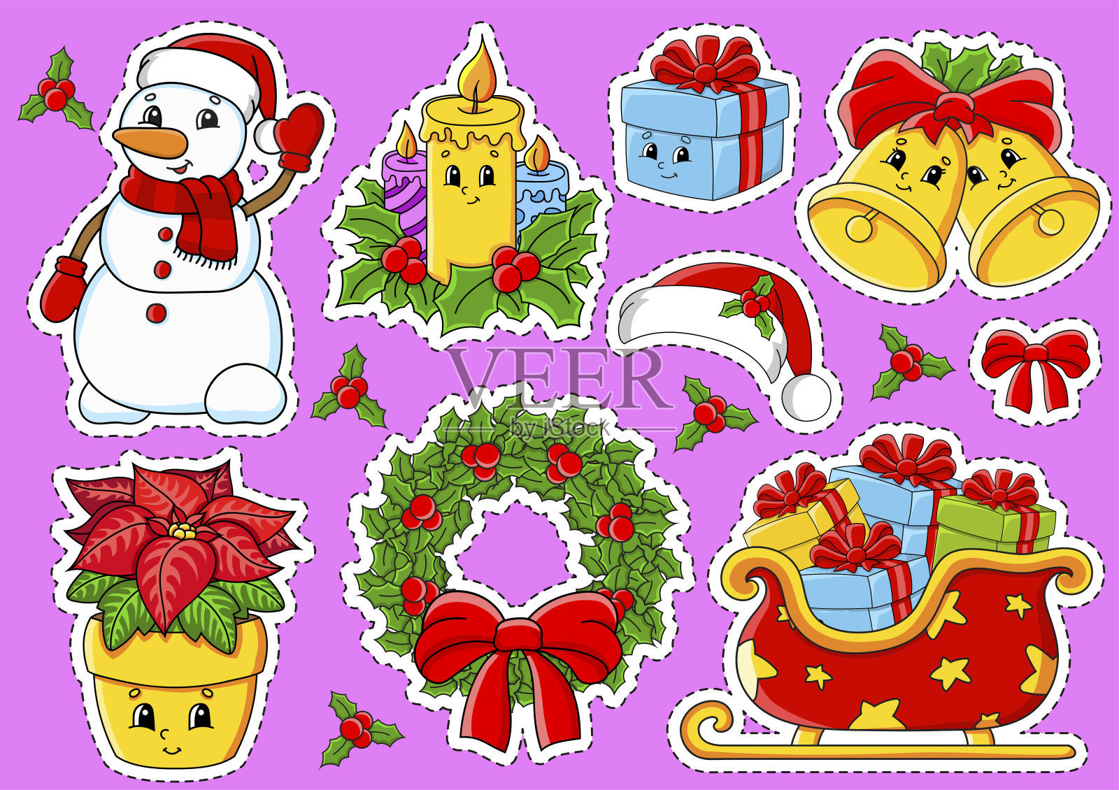 一套贴纸与可爱的卡通人物。圣诞节的主题。手绘。五彩缤纷的包。矢量插图。补丁徽章收集。标签的设计元素。为每日计划，日记，组织者。插画图片素材