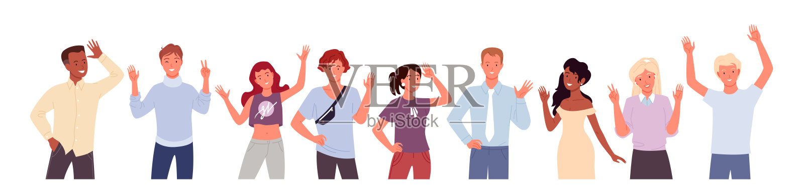 人们问候和挥手矢量插图集。卡通多样的快乐男女人物形象，微笑着站在欢迎的手势，打招呼，说再见或你好孤立在白色。插画图片素材