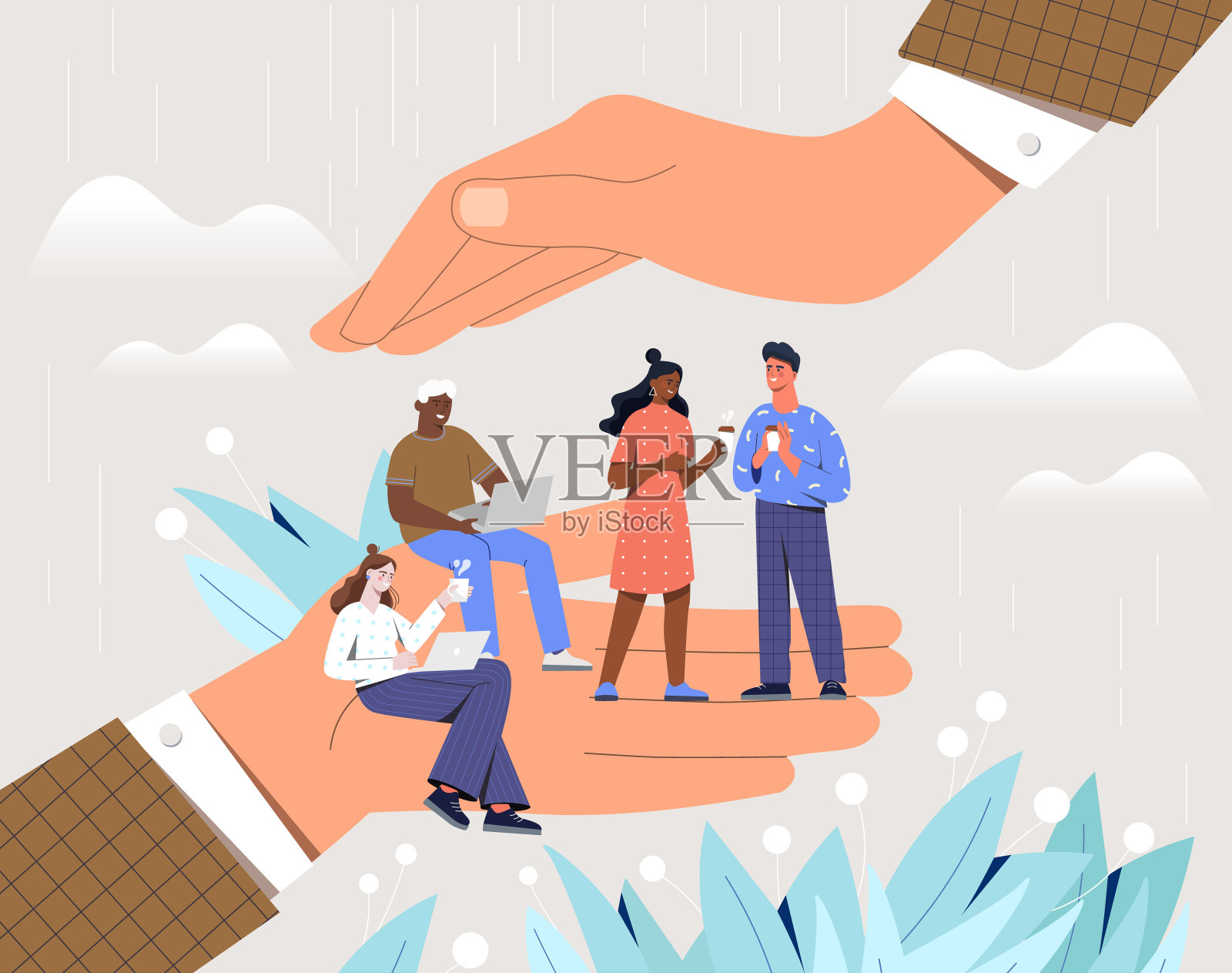 两个大老板手牵着男女上班族，对员工关怀备至插画图片素材