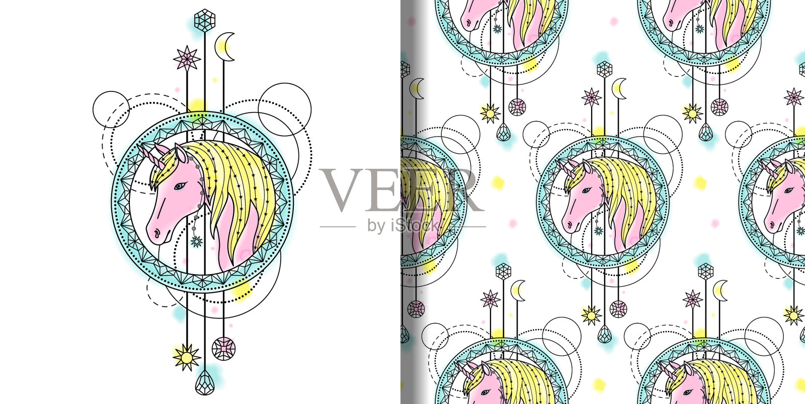 水彩独角兽印花无缝对接设计元素图片