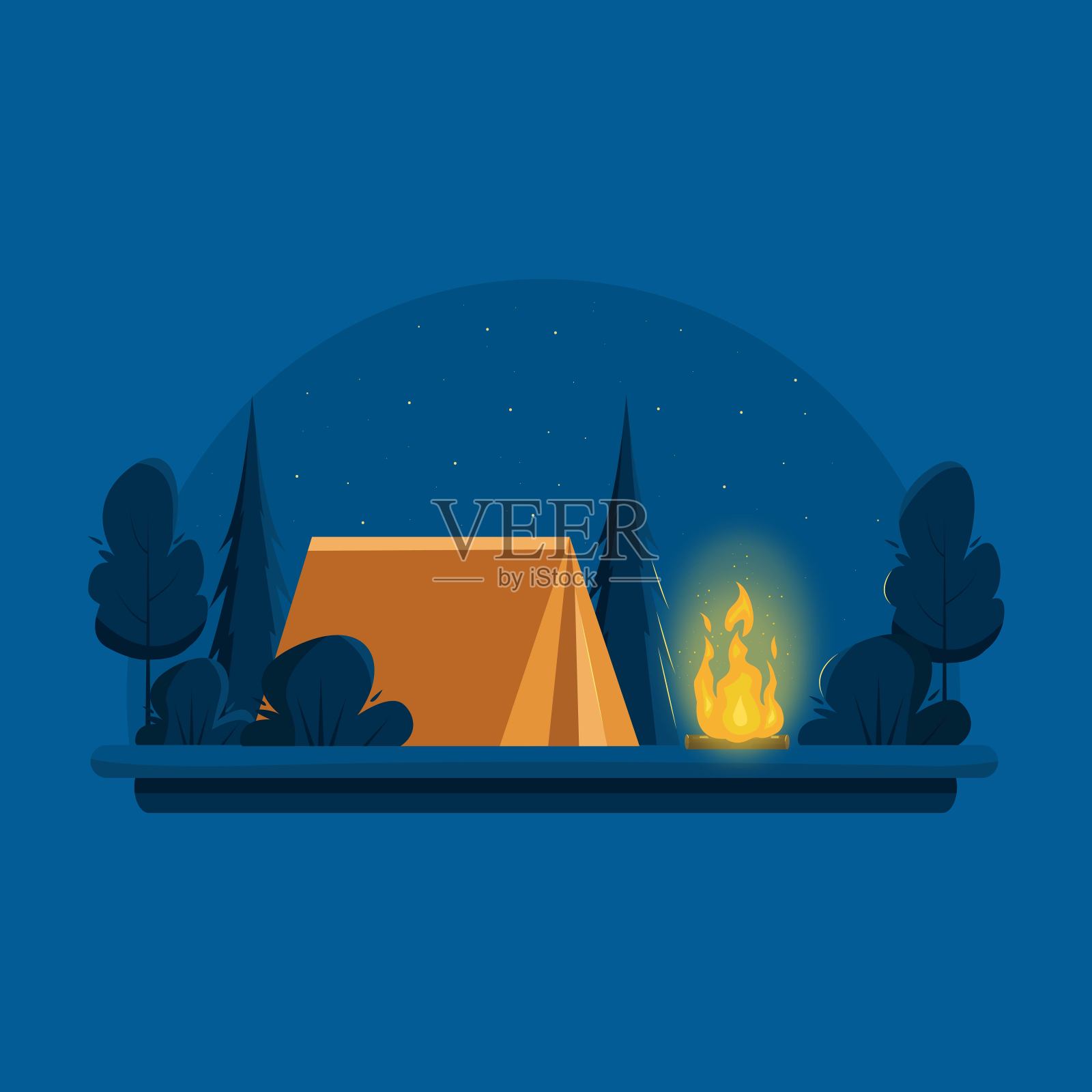 露营。夜晚的风景与篝火附近的橙色帐篷。夏令营、自然旅游、露营、徒步旅行、徒步旅行等。平面风格的矢量插图。插画图片素材