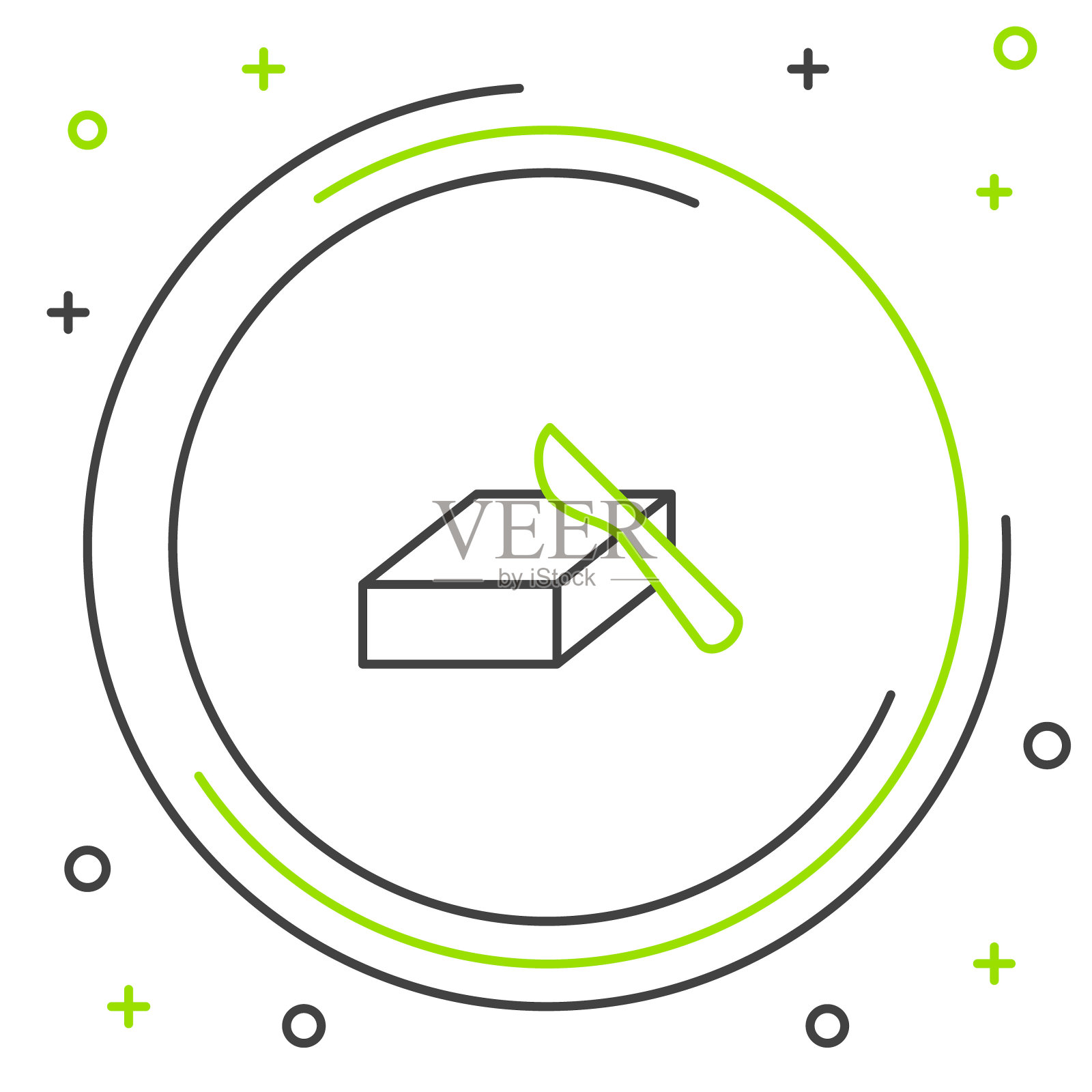 线黄油在黄油盘图标隔离在白色背景。黄油砖在盘子上。牛奶为基础的产品。自然的乳制品。色彩斑斓的轮廓的概念。向量插画图片素材