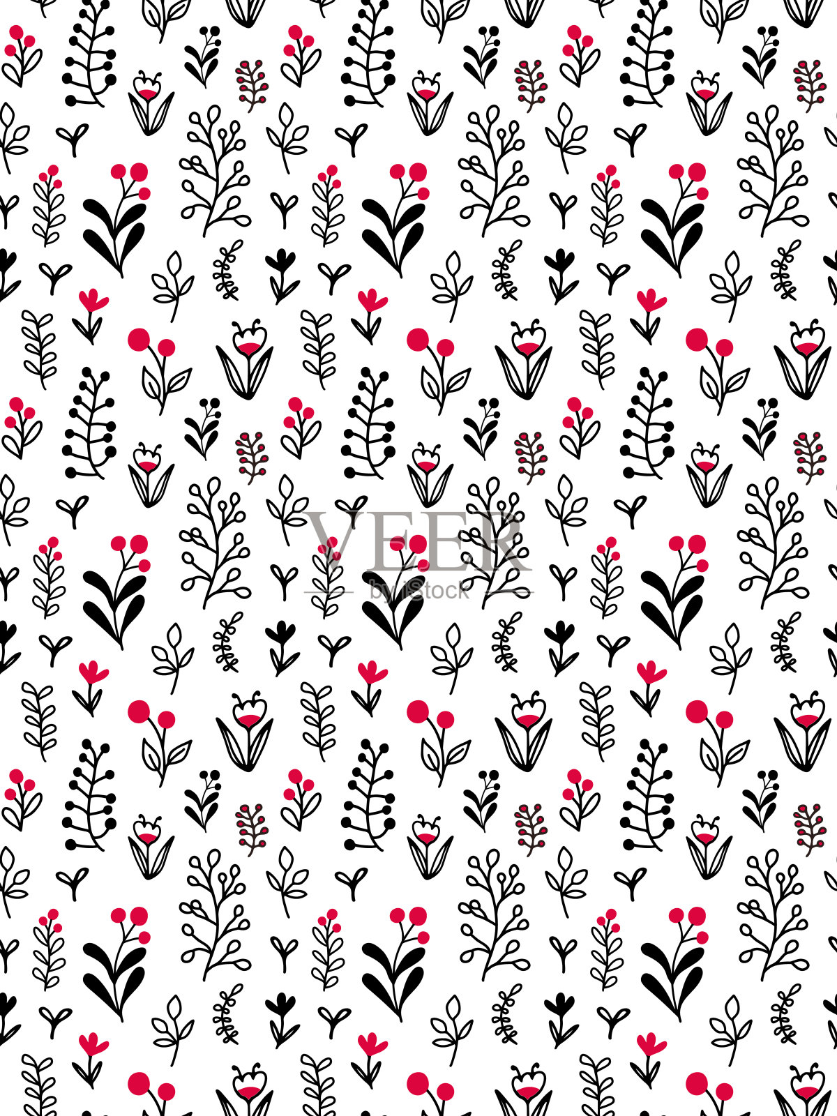 涂鸦植物学元素植物无缝重复模式。插画图片素材