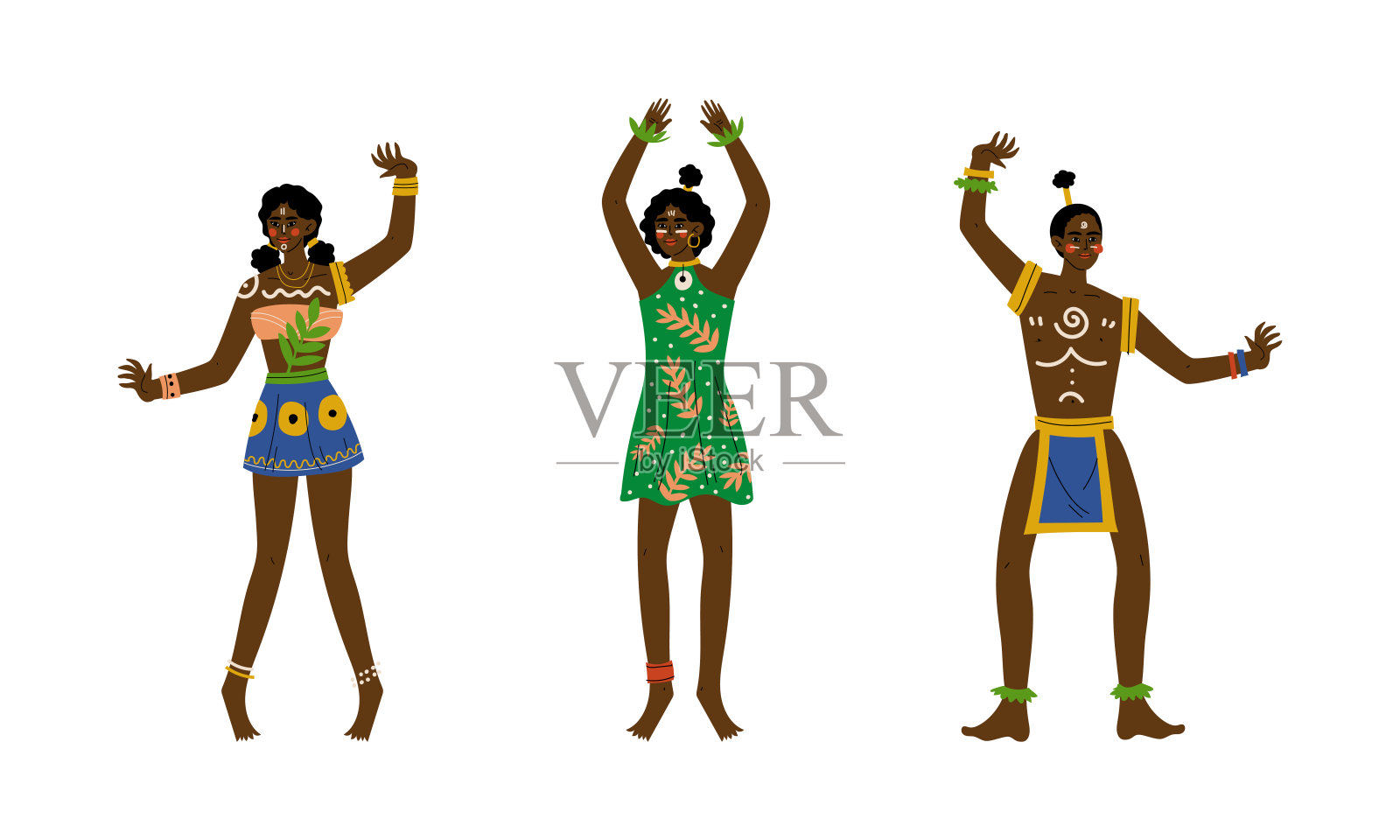 穿着传统部落服装的脸部彩绘的非洲土著男子和妇女向量集插画图片素材