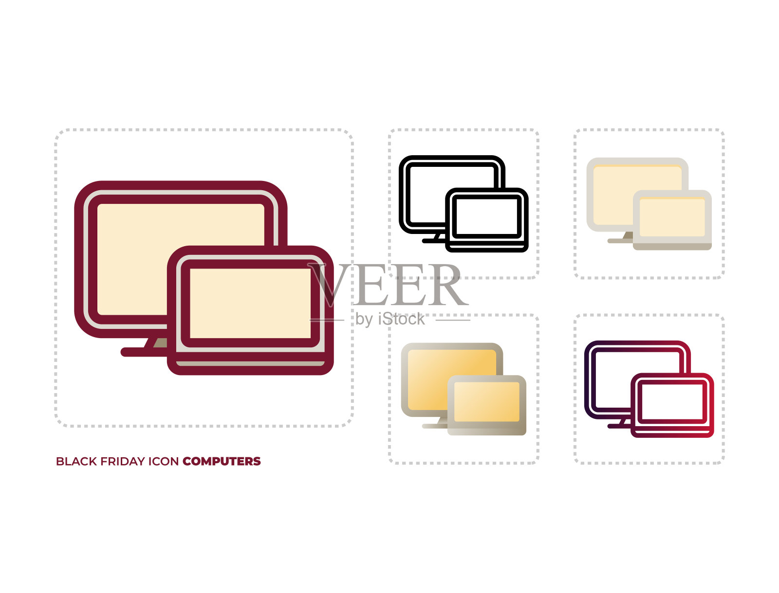 黑色星期五图标，电脑，在五种不同的风格，即:颜色轮廓线，线条，平，梯度平，梯度线。图标素材