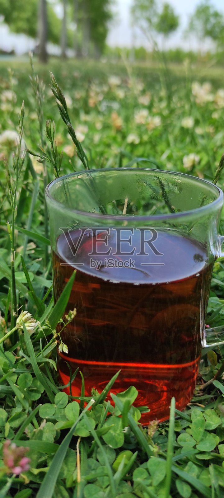 绿草地上带把手的玻璃茶杯照片摄影图片