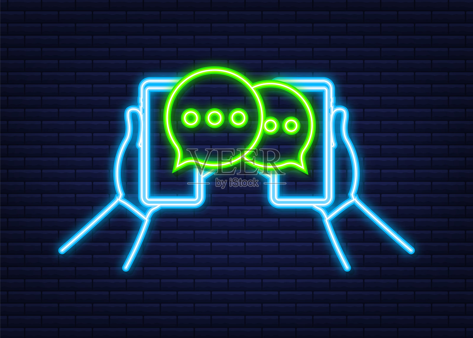 聊天信息泡泡在智能手机屏幕霓虹灯插画图片素材