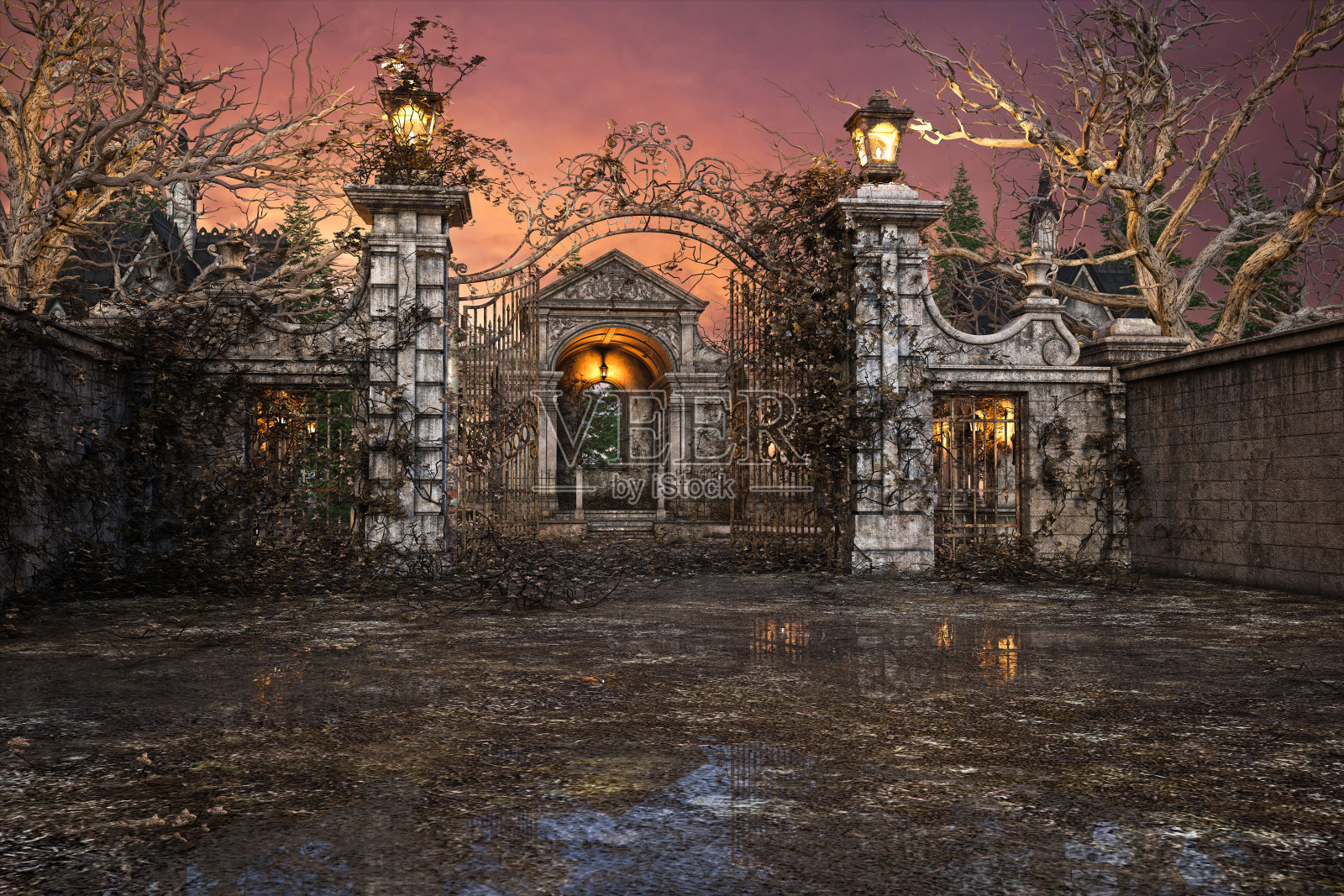 一个令人毛骨悚然的老墓地的3D渲染，在敞开的铁门后面有一个陵墓。照片摄影图片