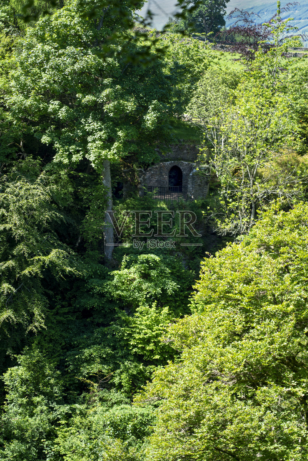 树木之间的观景台，为阿恰恩瀑布提供了一个视角照片摄影图片