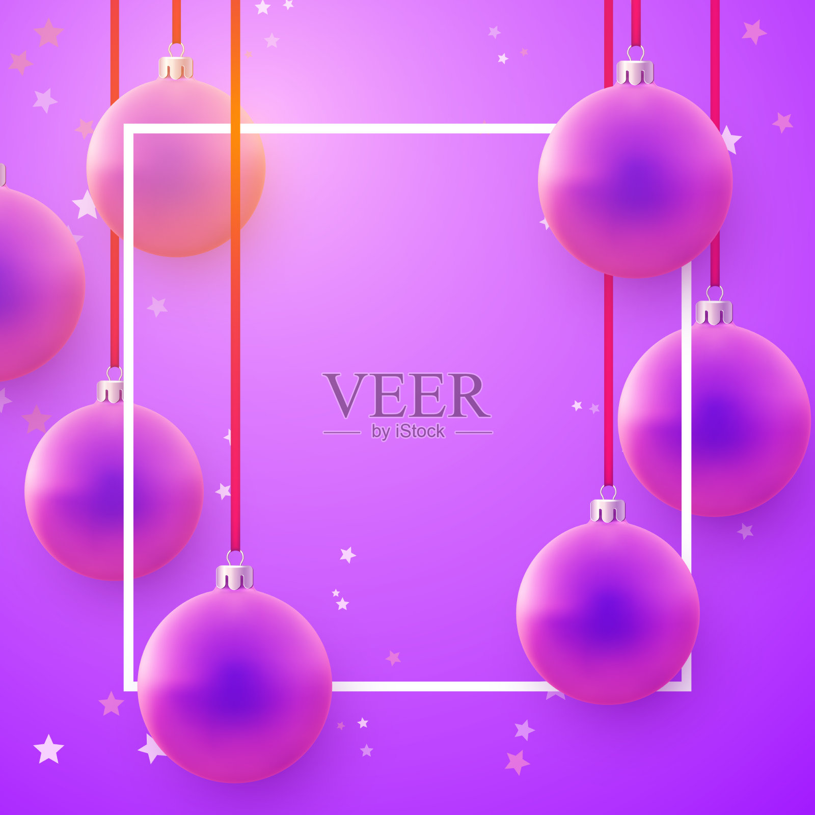 有紫色圣诞树球的方形框架插画图片素材