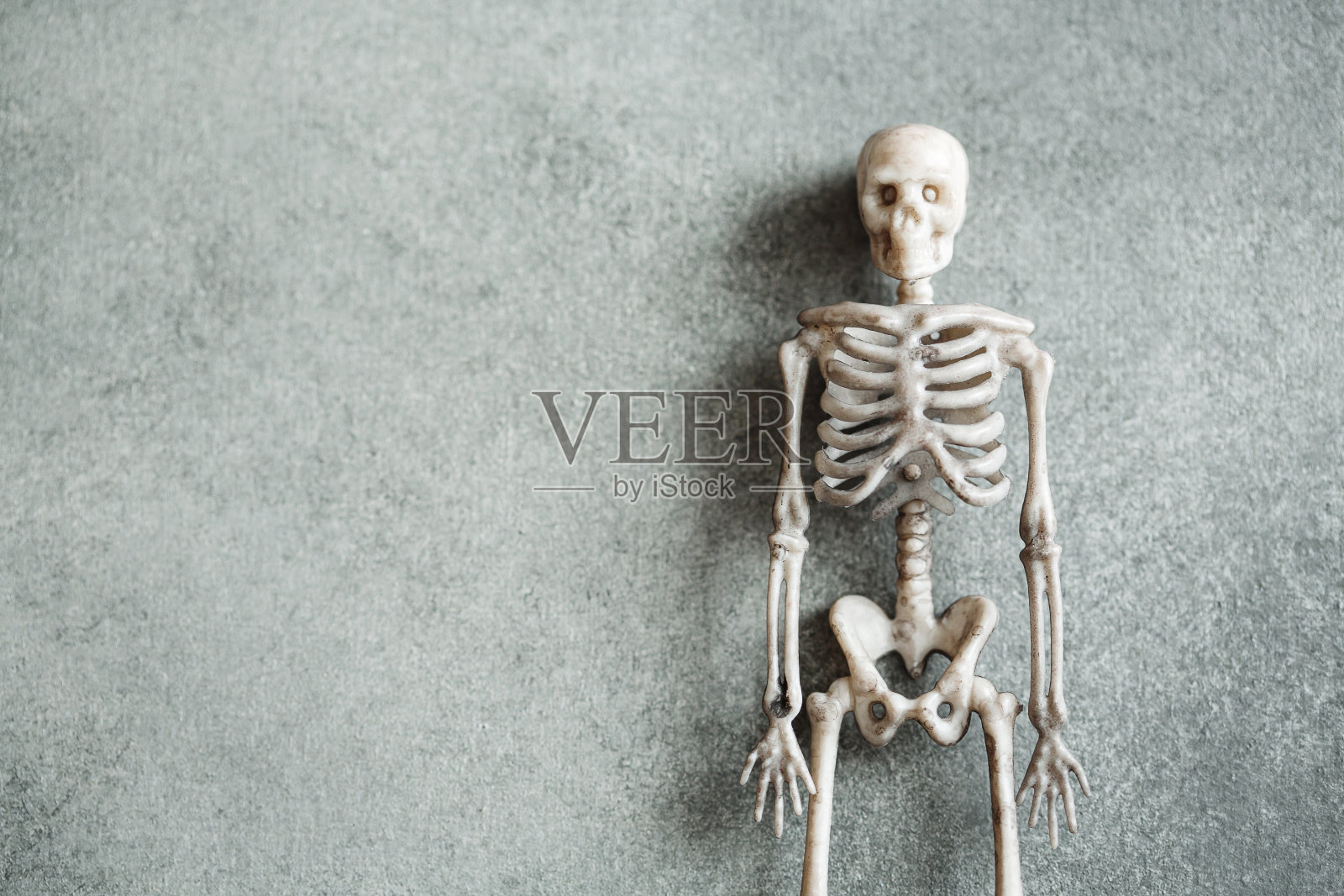 灰色背景上的小玩具骷髅，极简万圣节概念照片摄影图片