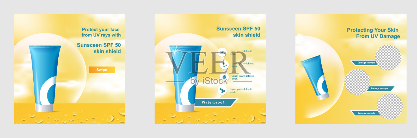 简约现代美时尚化妆品社交媒体广场张贴横幅黄色。为产品知识，展示，价格目录建议模板与天空云，肥皂泡球设计模板素材