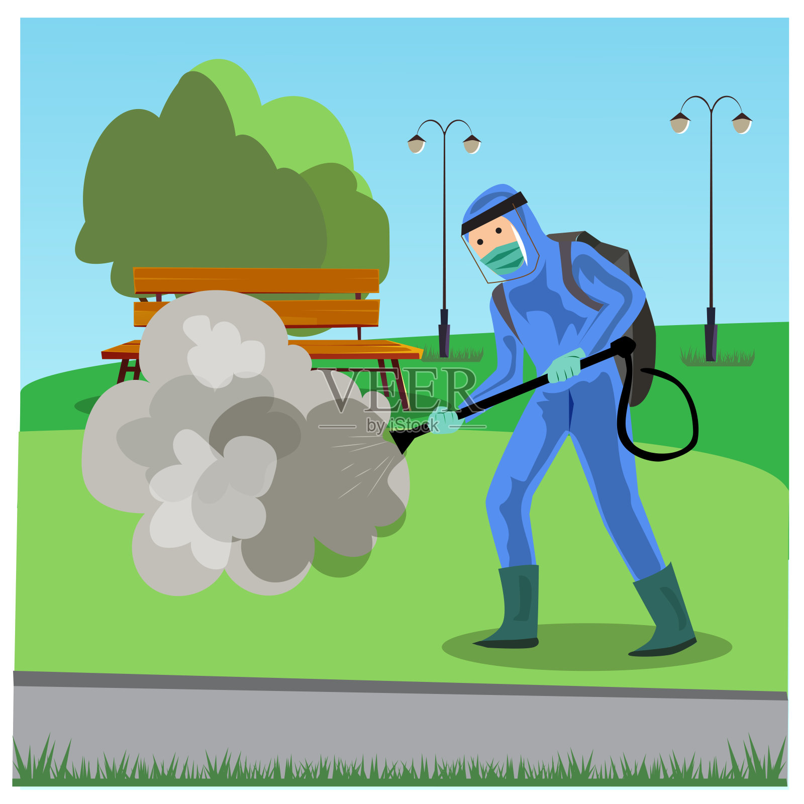 冠状动脉注射(Covid-19)人员在公园内消毒喷雾剂的矢量图插画图片素材