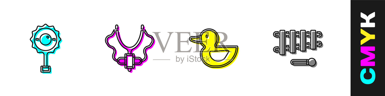 设置拨浪鼓婴儿玩具，弹弓，橡皮鸭和木琴图标。向量插画图片素材