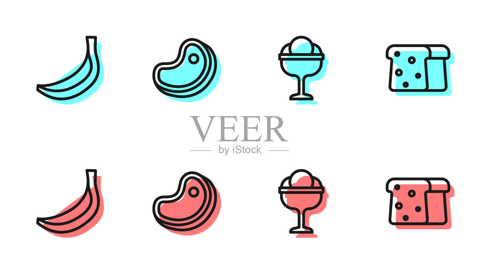 在碗中设置冰淇淋，香蕉，牛排肉和面包吐司图标。向量图标素材