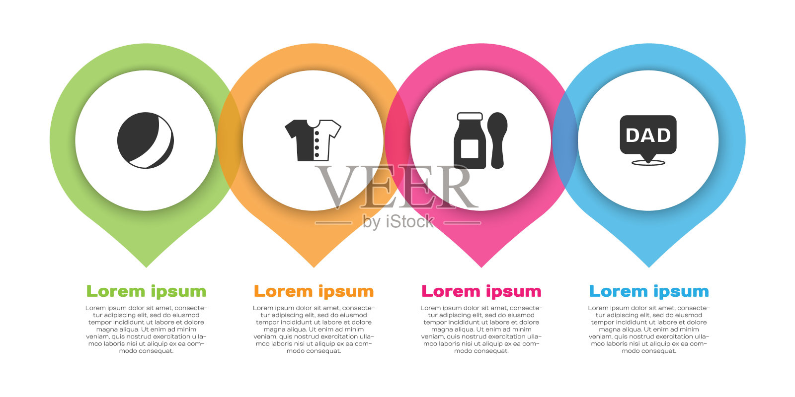 设置沙滩球，婴儿t恤，酸奶瓶与勺子和演讲泡沫爸爸。业务信息模板。向量设计模板素材