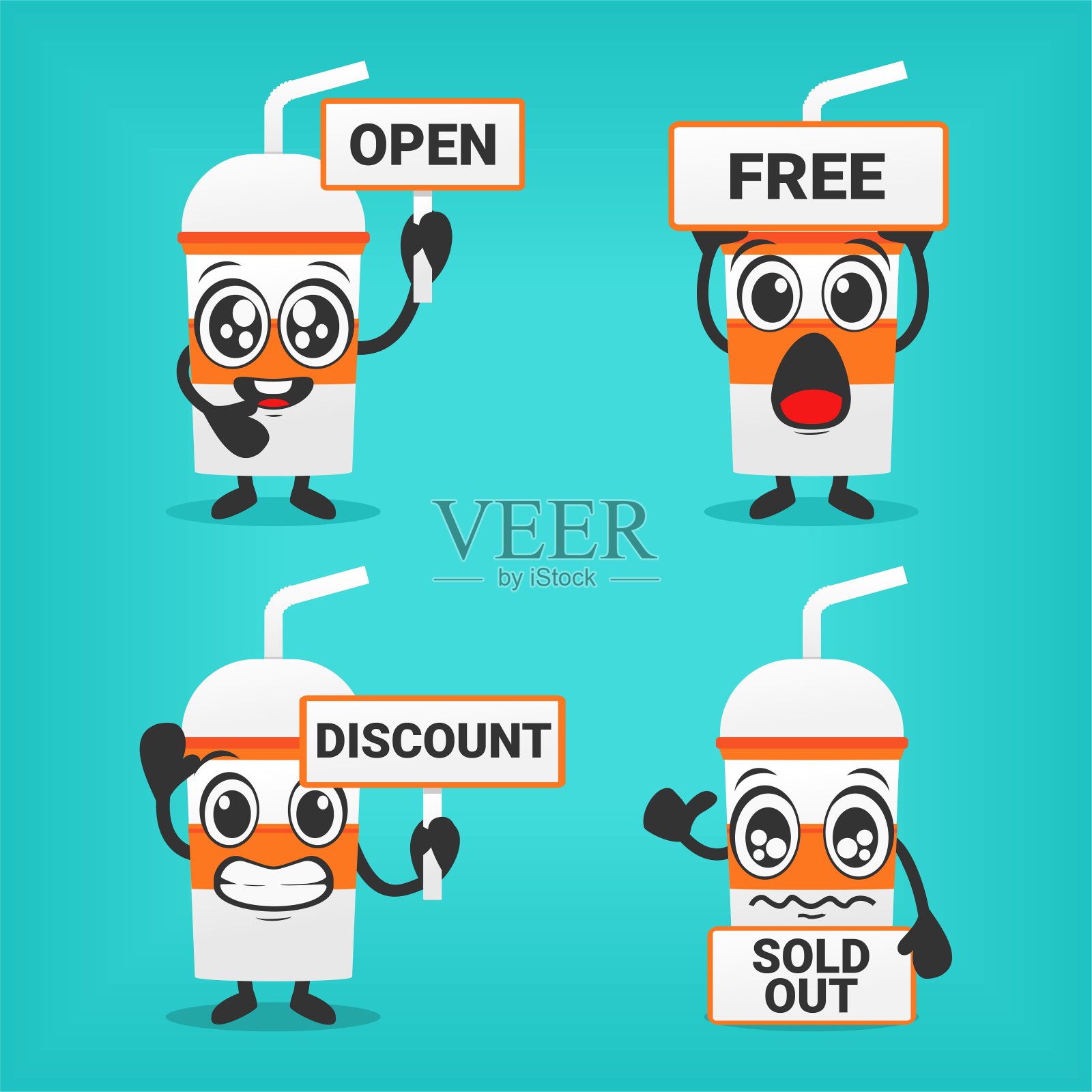 套饮杯字符。果汁杯人物手持信息板。插画图片素材