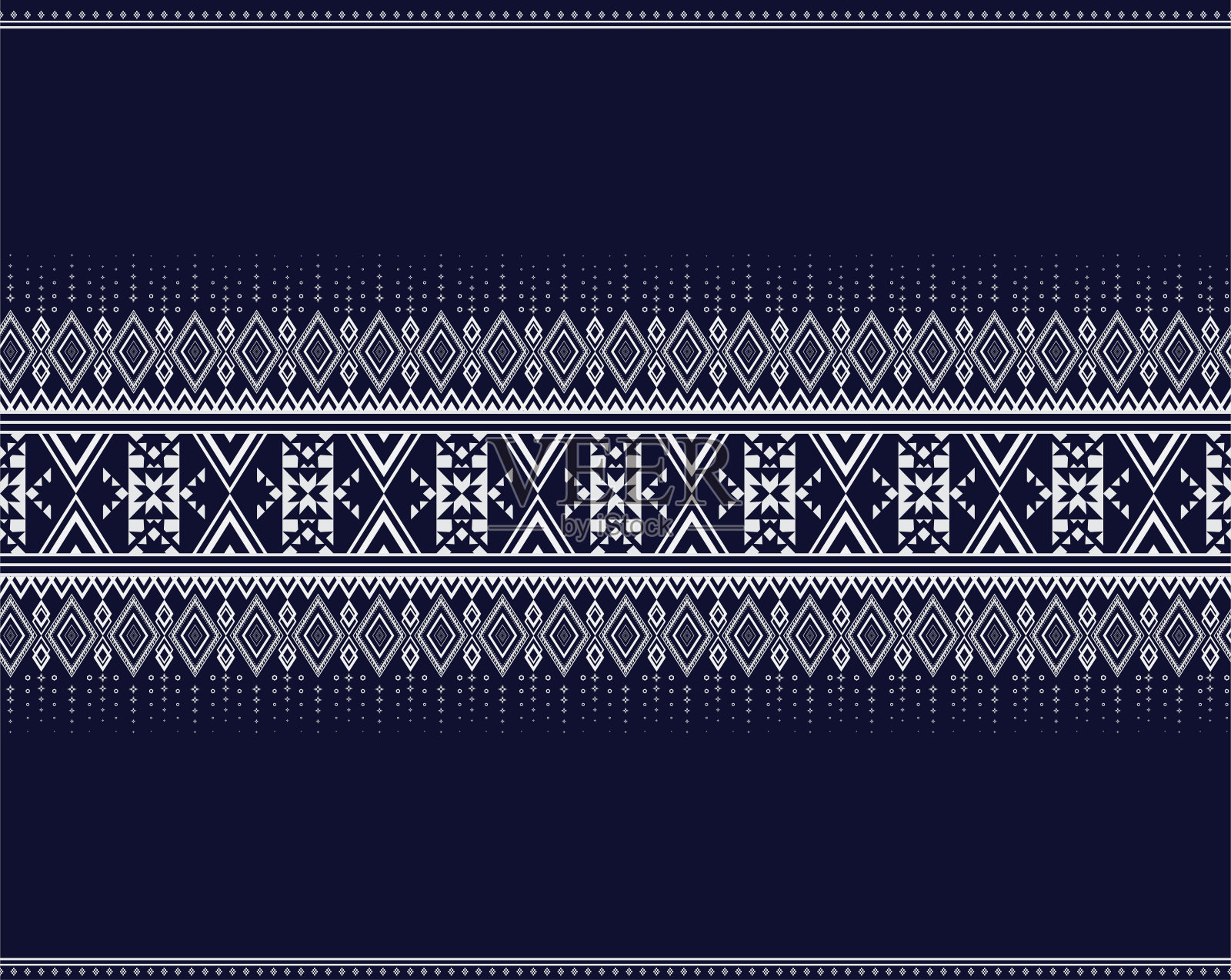 几何民族纹理刺绣设计与深蓝背景设计，裙子，墙纸，服装，包装，蜡染，织物，床单，多种形状的三角形矢量，插图风格插画图片素材