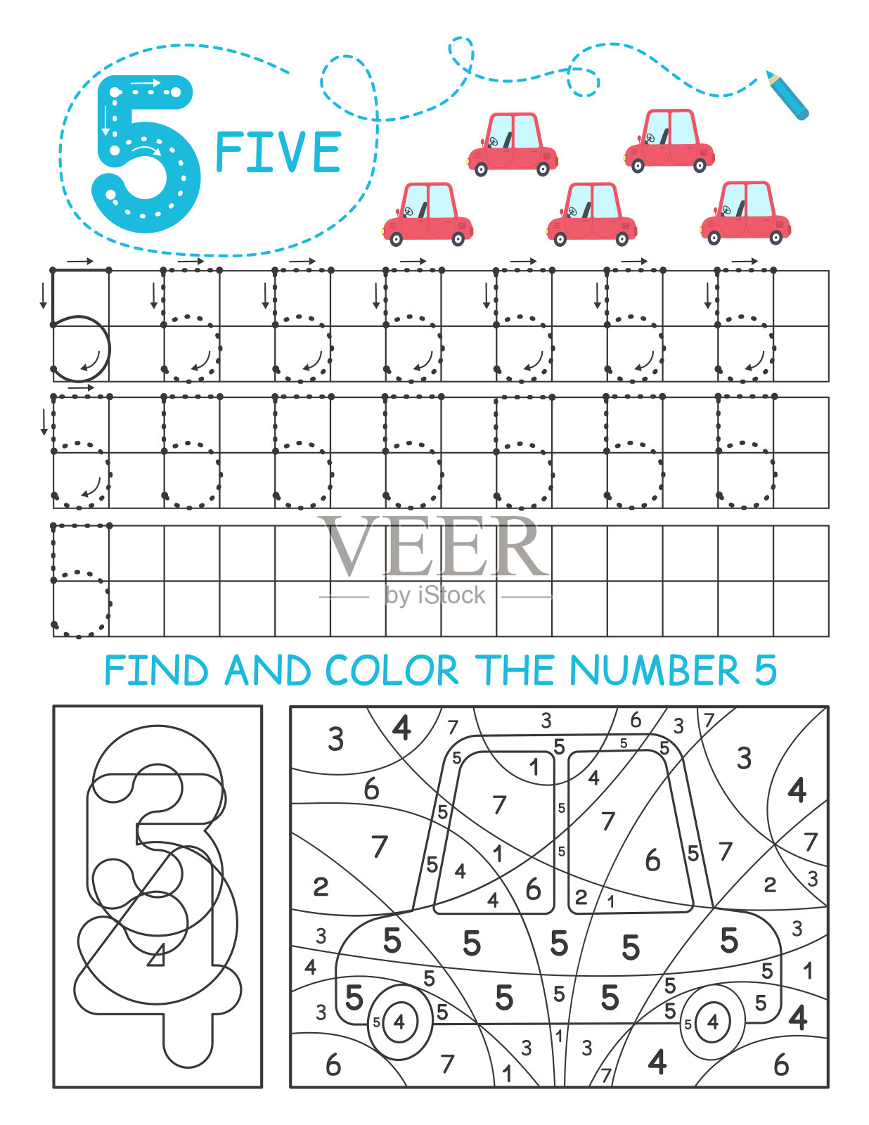 写数字5。男孩的五张汽车描图纸。学前工作表，练习运动技能-描虚线。插画图片素材