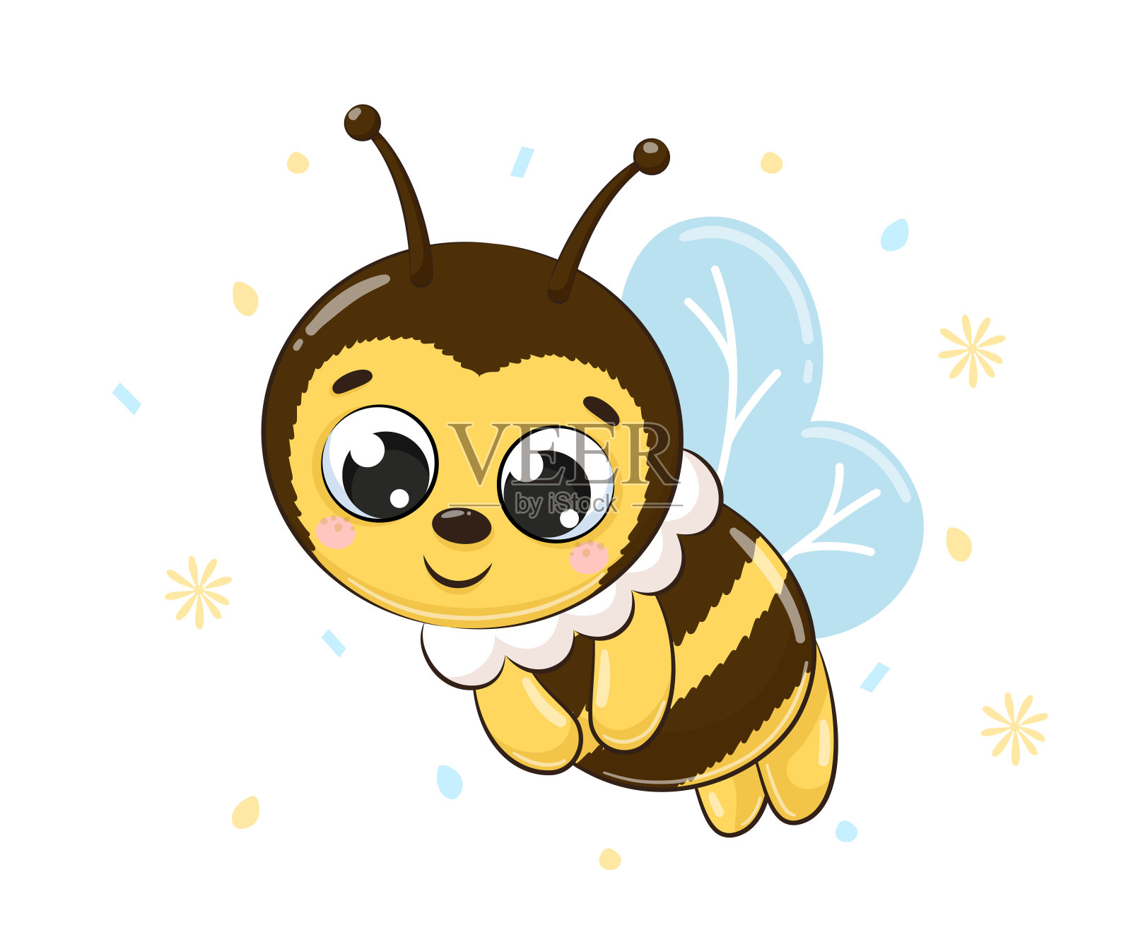 可爱的蜜蜂飞着，微笑着。卡通矢量插图。设计元素图片