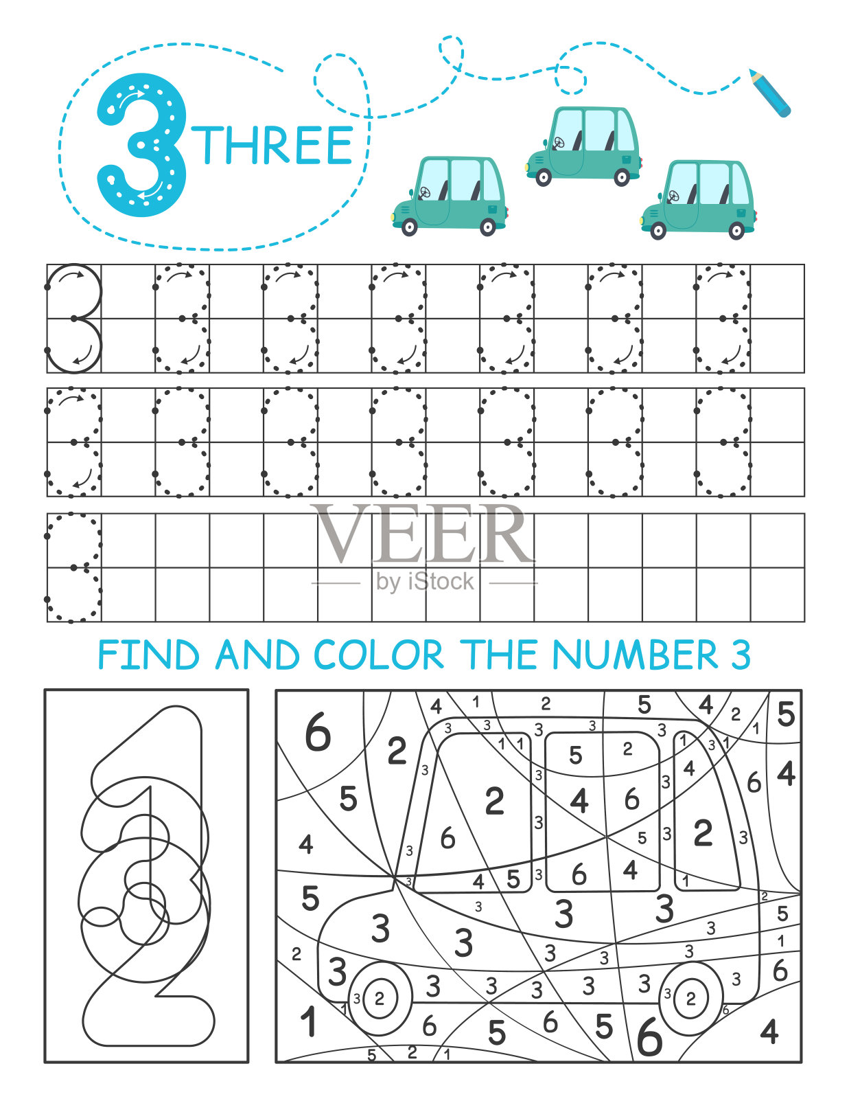 写数字3。男孩的三张汽车描图纸。学前工作表，练习运动技能-描虚线。插画图片素材