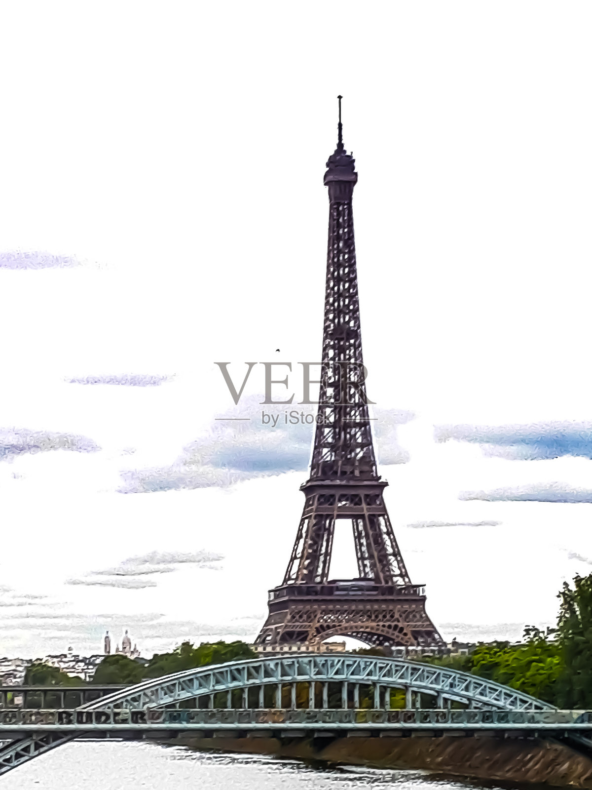 埃菲尔铁塔在桥后面照片摄影图片