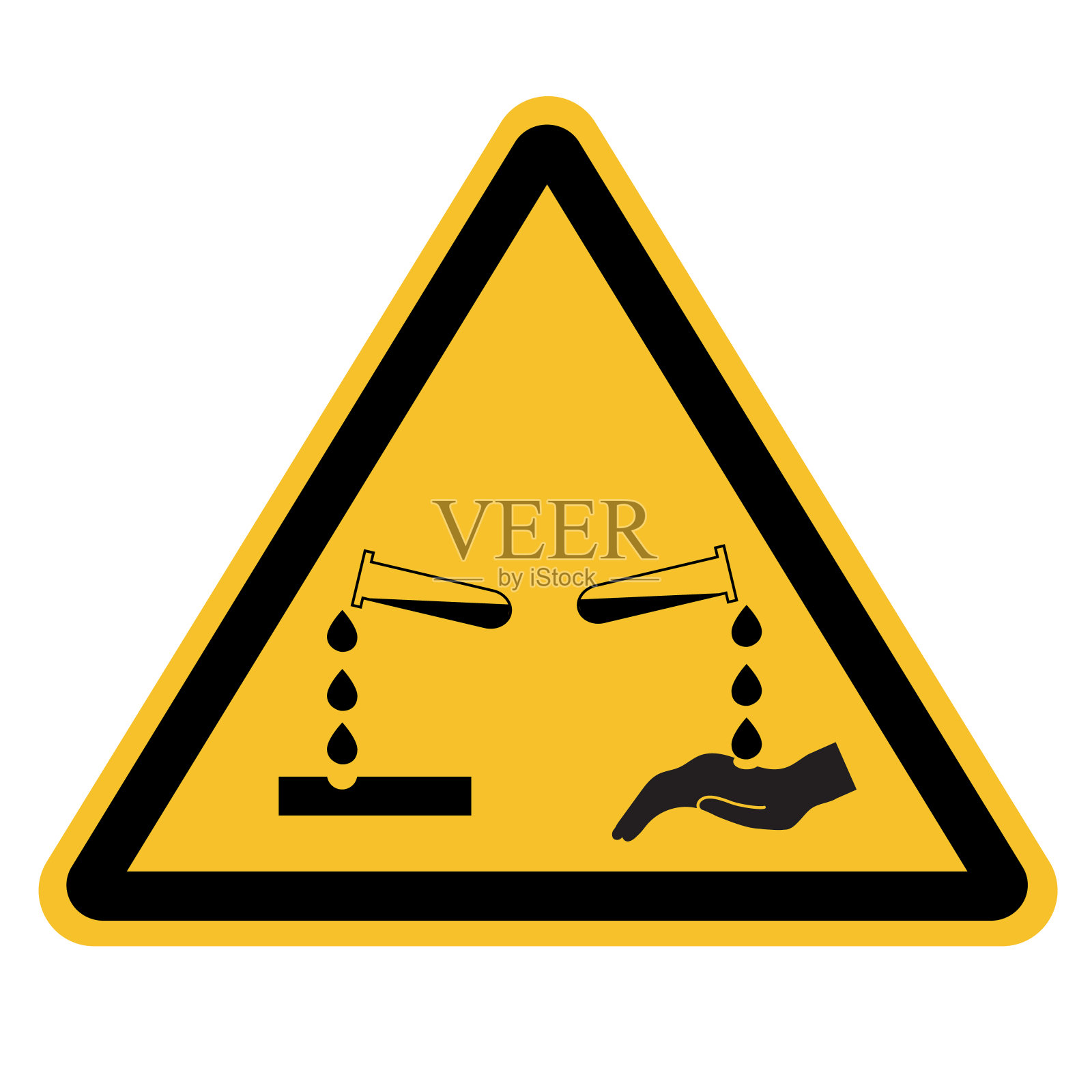 白底腐蚀性物质标志。小心腐蚀性物质标志。有危险腐蚀性物质标志。平的风格。插画图片素材