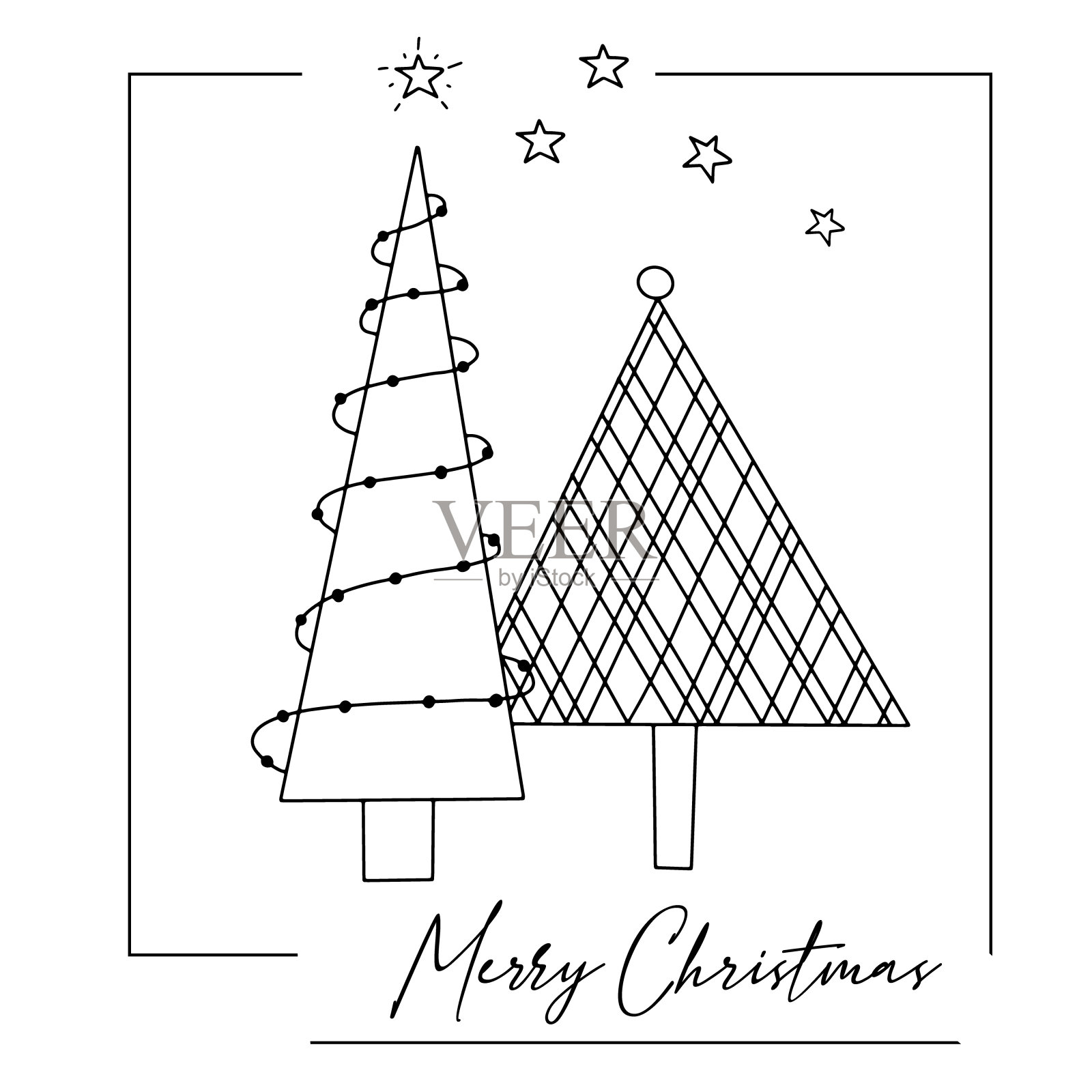 圣诞贺卡的风格装饰圣诞树。手绘矢量海报插画图片素材