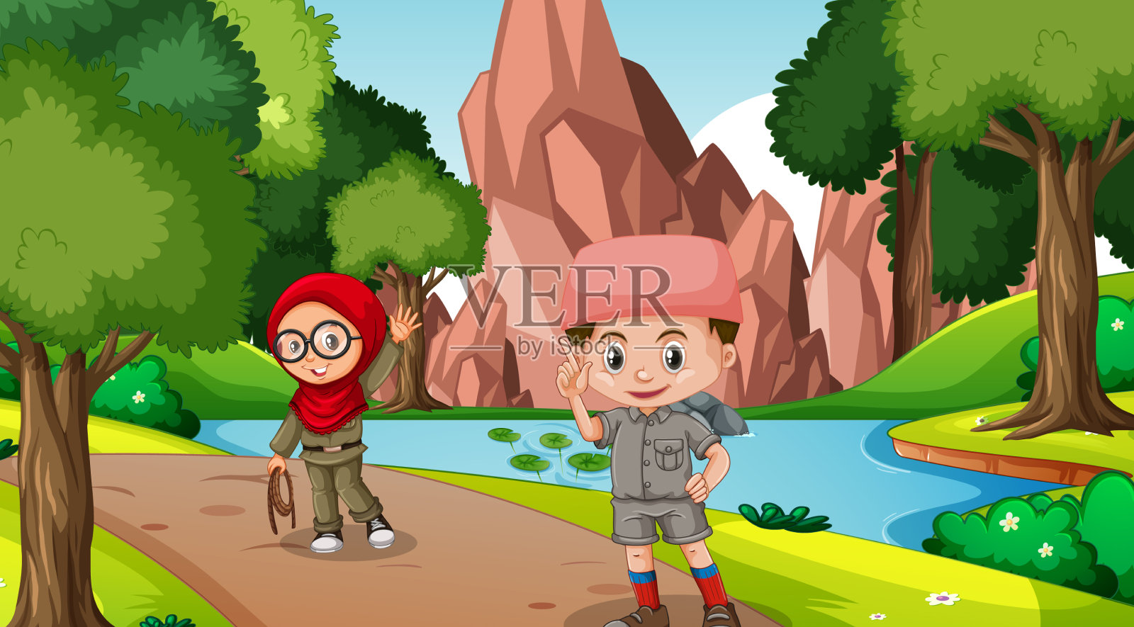 穆斯林孩子在大自然中探索插画图片素材