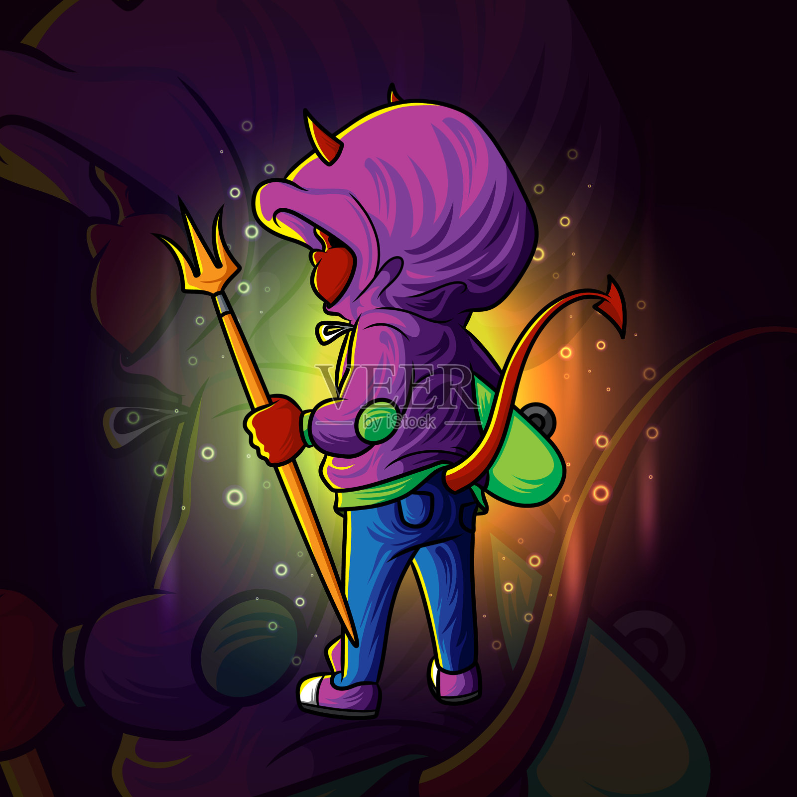带三叉戟电竞标志设计的恶魔男孩插画图片素材