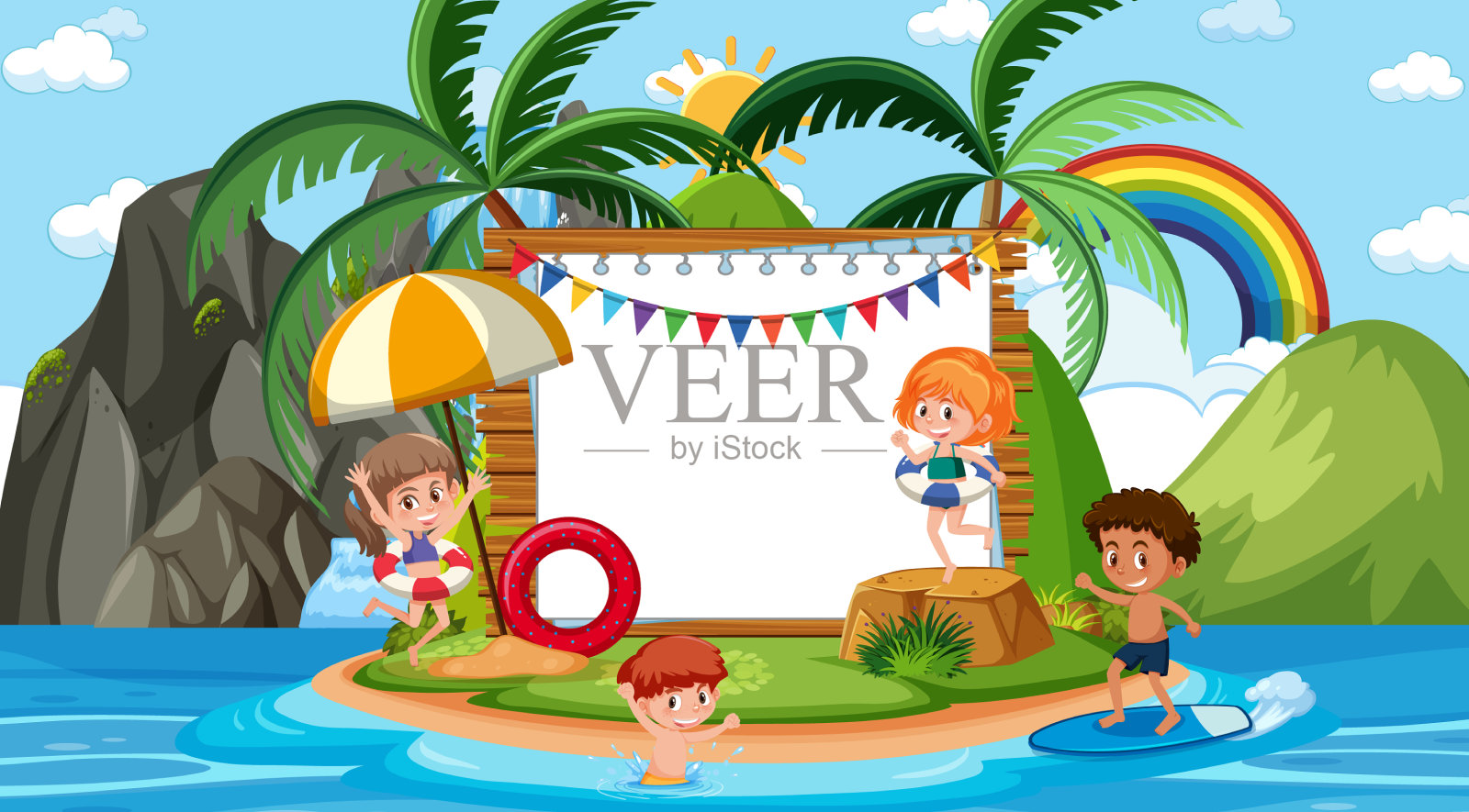 空横幅模板与孩子度假在插画图片素材