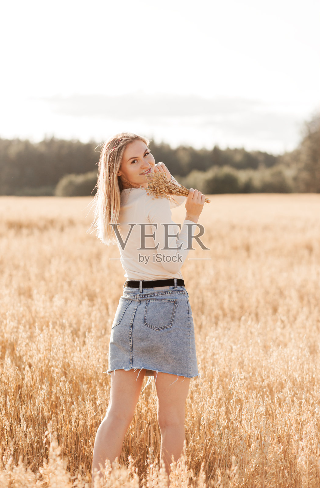 一个穿着牛仔裙的年轻美丽的女孩在一个阳光明媚的日子走过一片麦田照片摄影图片