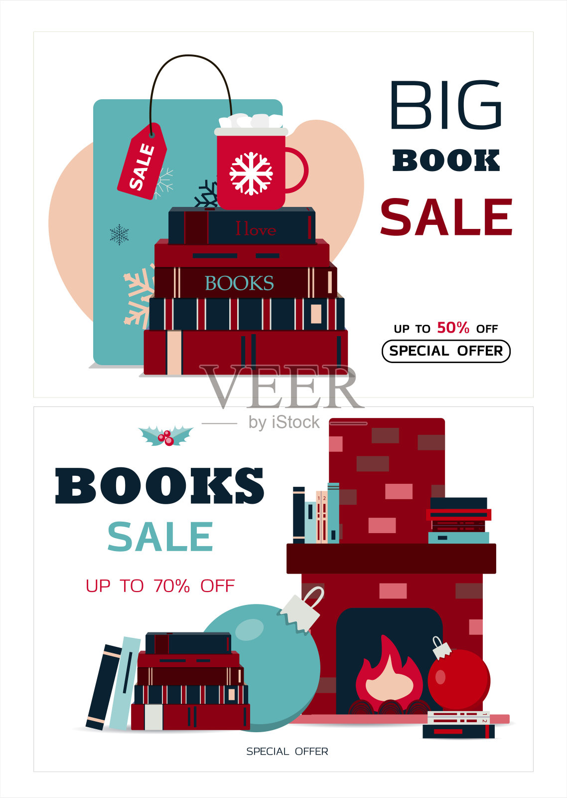 一套圣诞卡。矢量模板的冬季假期。新年销售横幅，黑色星期五，或圣诞节折扣。平面设计插图。有玩具和礼物的卡片设计模板素材