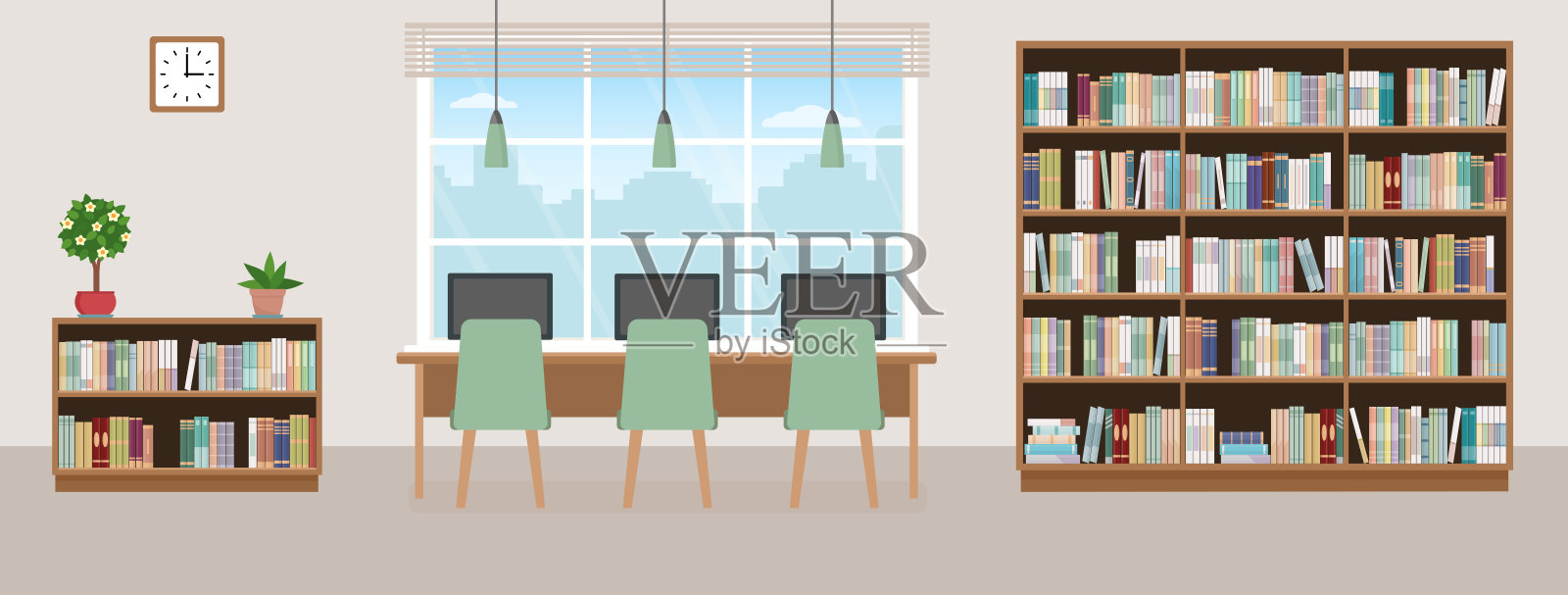 空库。有书架、桌子、椅子和电脑的现代室内装饰。插画图片素材