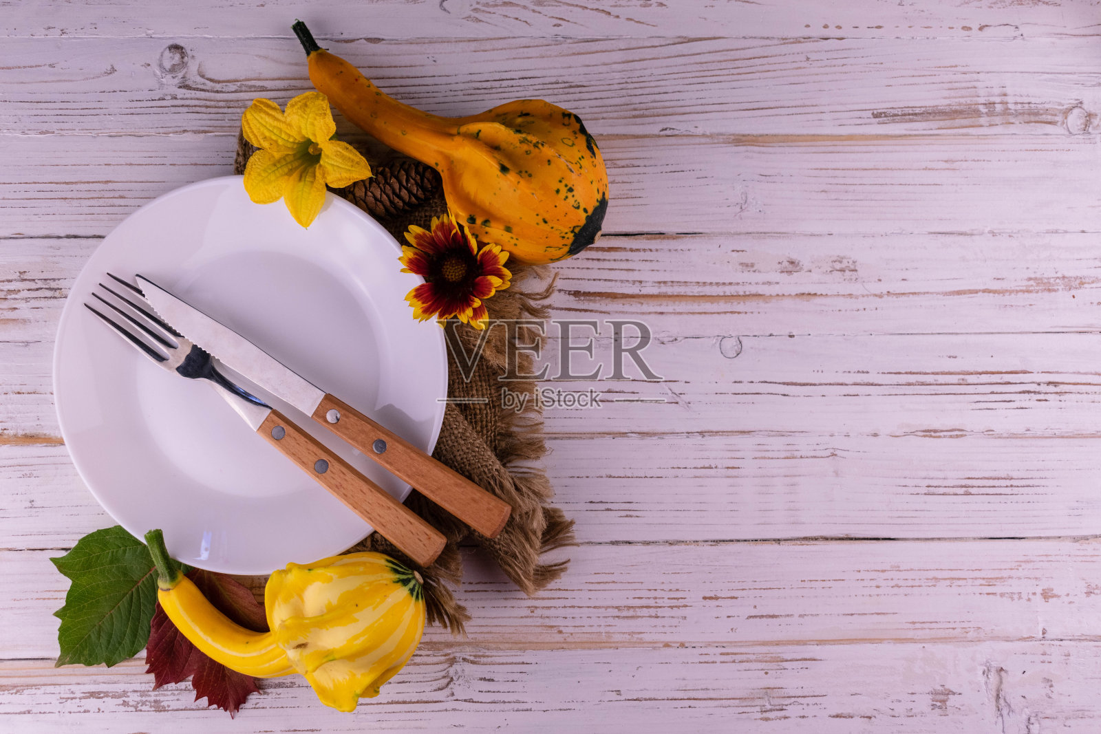 感恩节餐桌，白色的盘子装饰着餐具，叶子和南瓜在白色的木制背景上。副本的空间。照片摄影图片