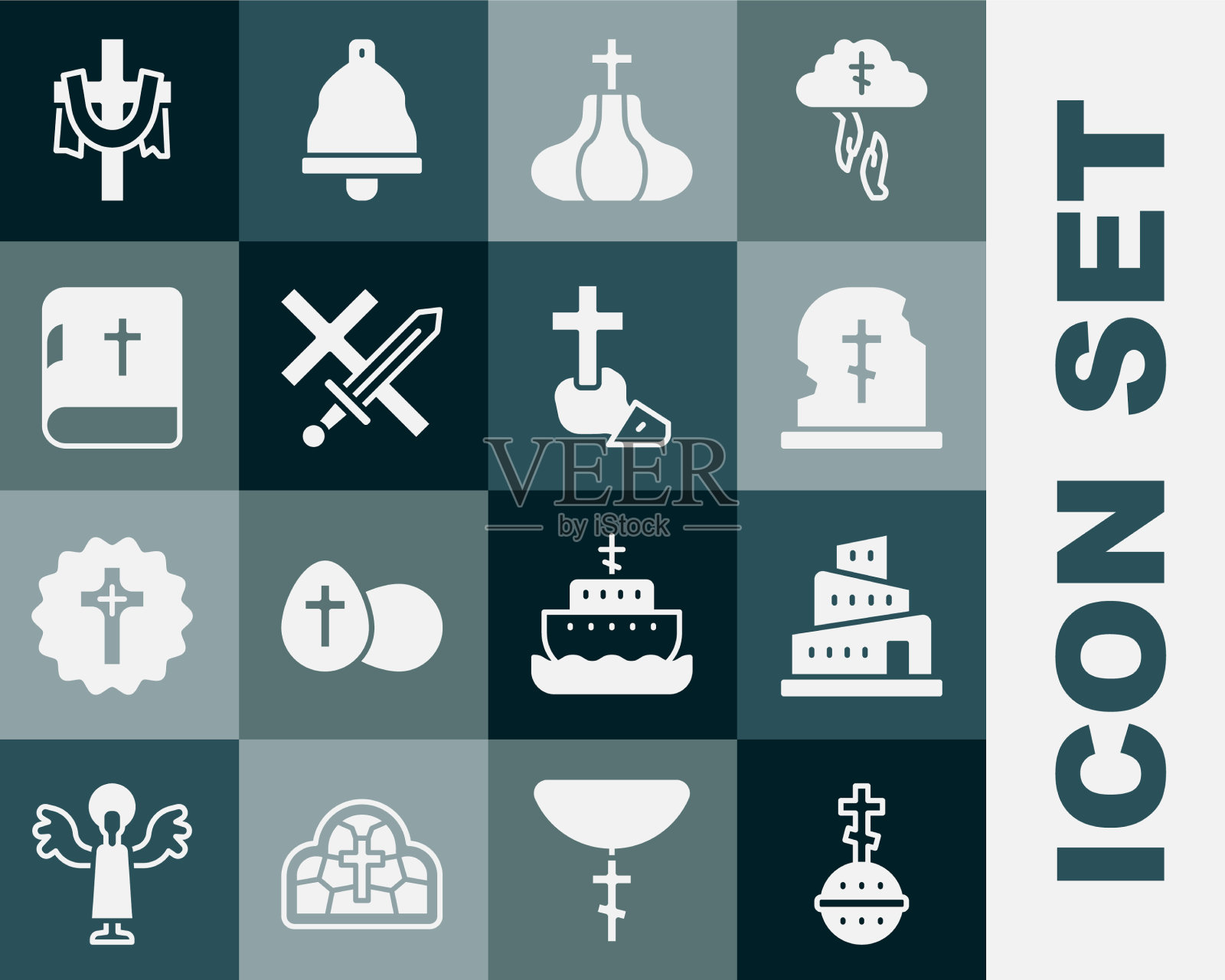 设定基督教十字架巴别塔圣经故事图标素材