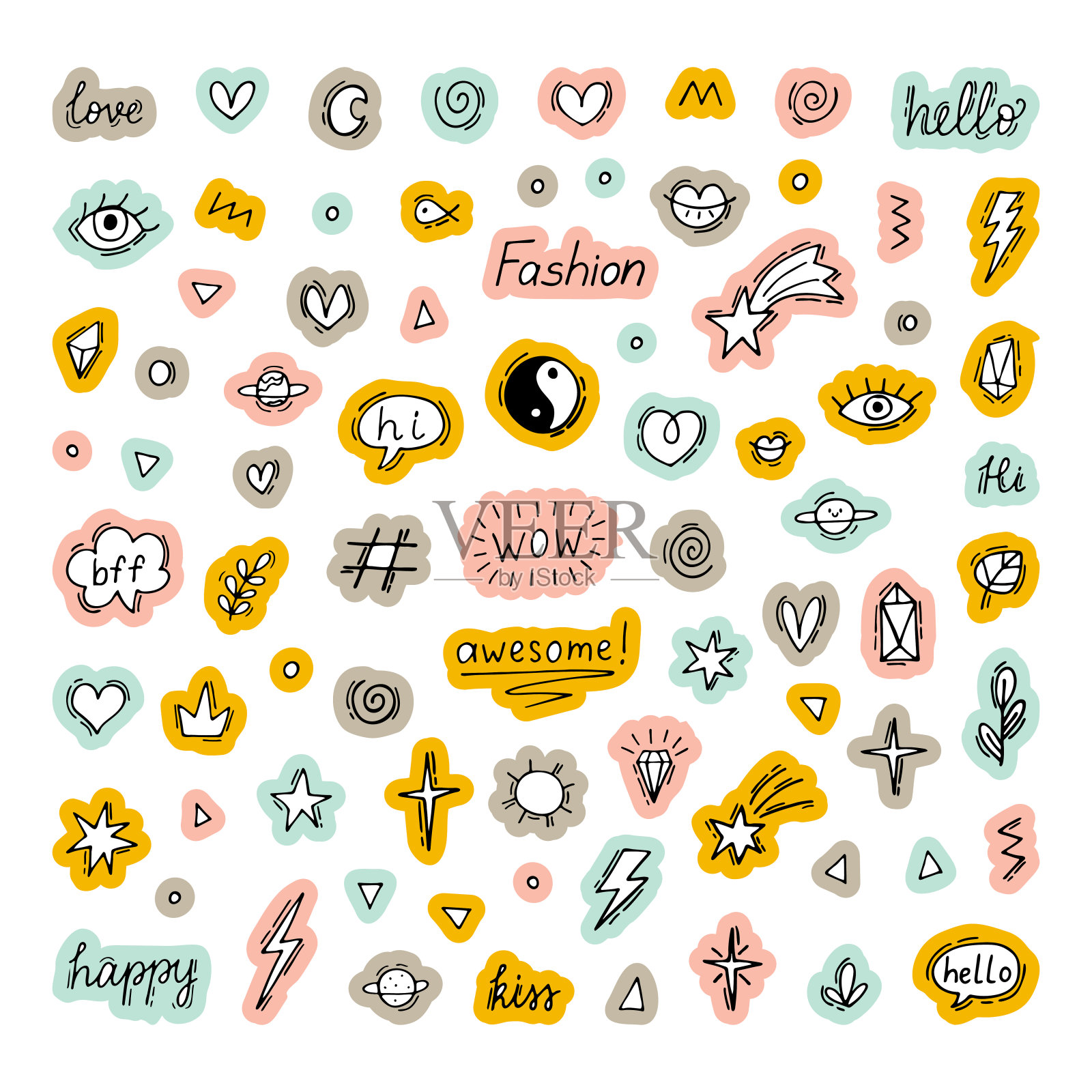 贴纸收集。涂鸦线设置不同的设计元素。纹身设计。可爱的手绘涂鸦。涂鸦装饰设计元素图片