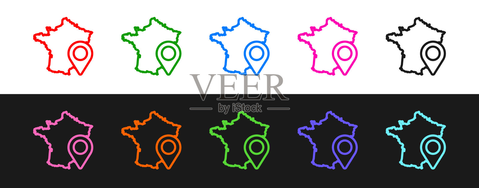 设置线地图的法国图标孤立在黑色和图标素材