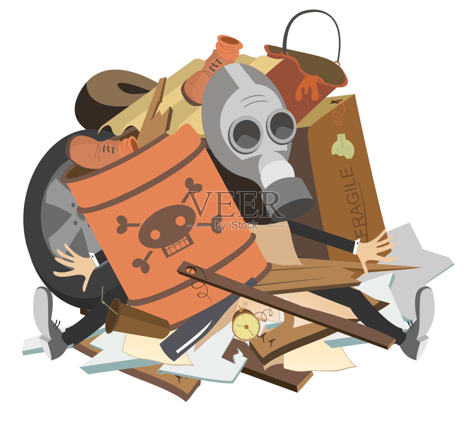 戴防毒面具的人坐在垃圾堆里插画图片素材