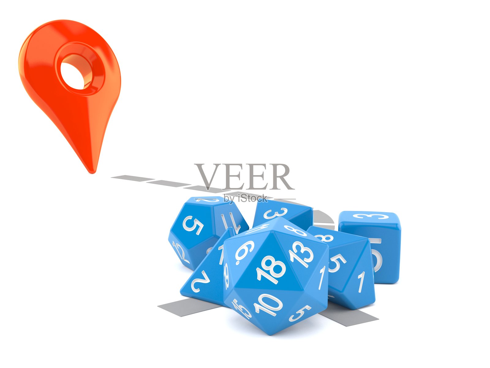 带有位置标记的RPG骰子照片摄影图片