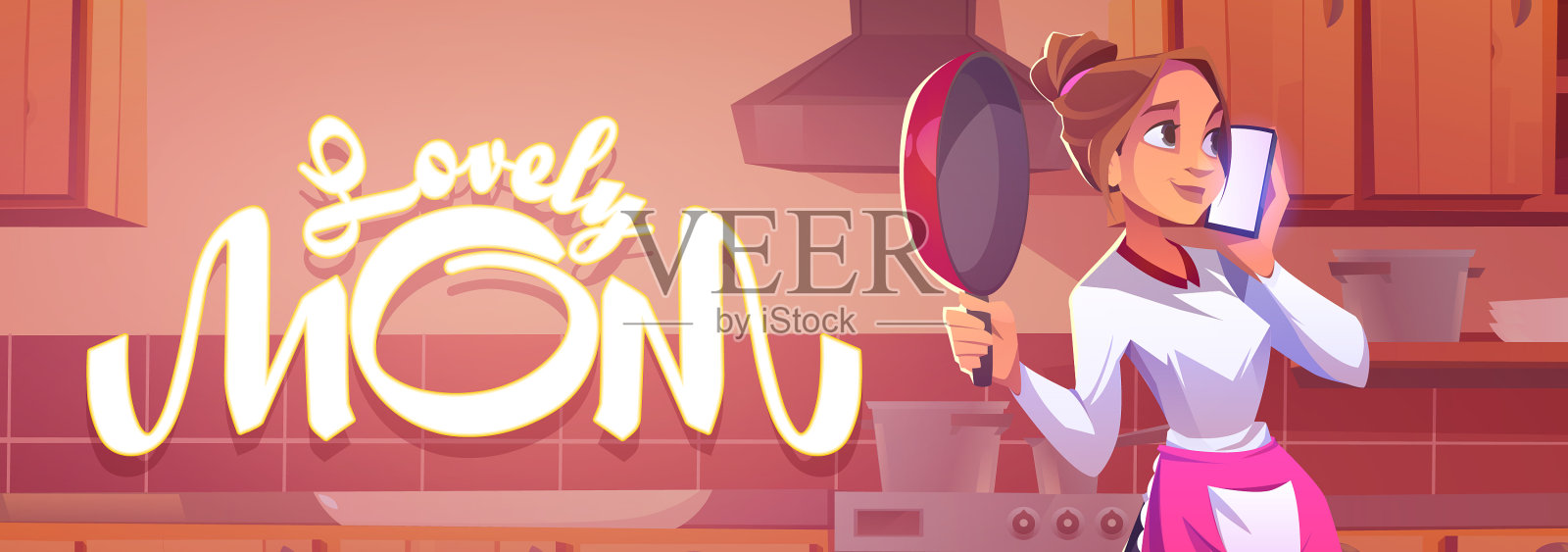 可爱的妈妈卡通旗帜年轻的家庭主妇插画图片素材