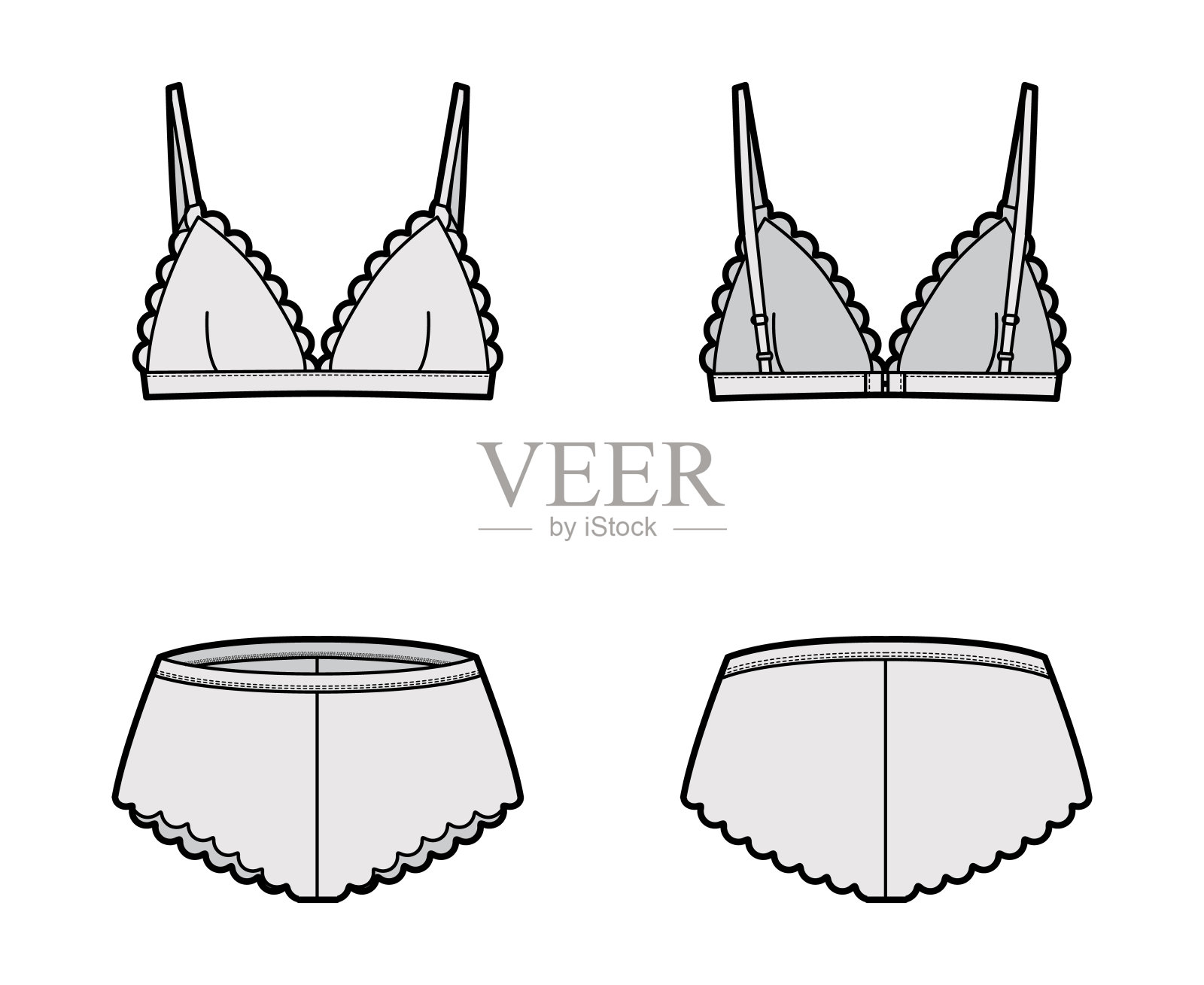 一套内衣-胸罩三角形和经典三角内裤内裤技术时尚插图与扇贝边缘胸罩插画图片素材