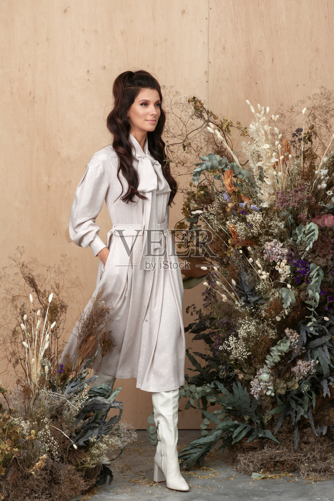 工作室秋季时尚肖像，美丽自信的女人与棕色长发穿着时尚时尚的衣服在大地色调和摆姿势在木制背景装饰干花。秋季发型和化妆的潮流概念。照片摄影图片