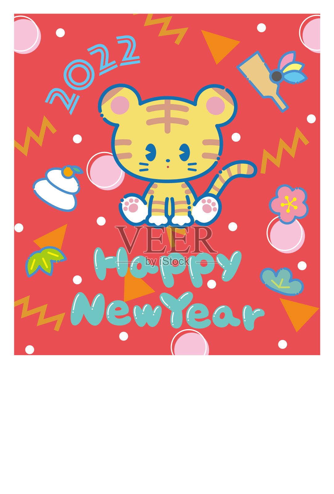 流行和可爱的老虎新年贺卡红色插画图片素材