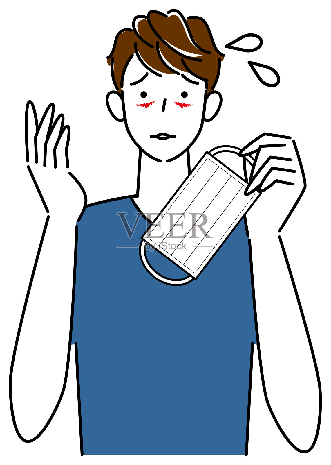 皮肤护理。一名男子因戴口罩在脸上划伤而陷入麻烦。说明简单的向量。插画图片素材