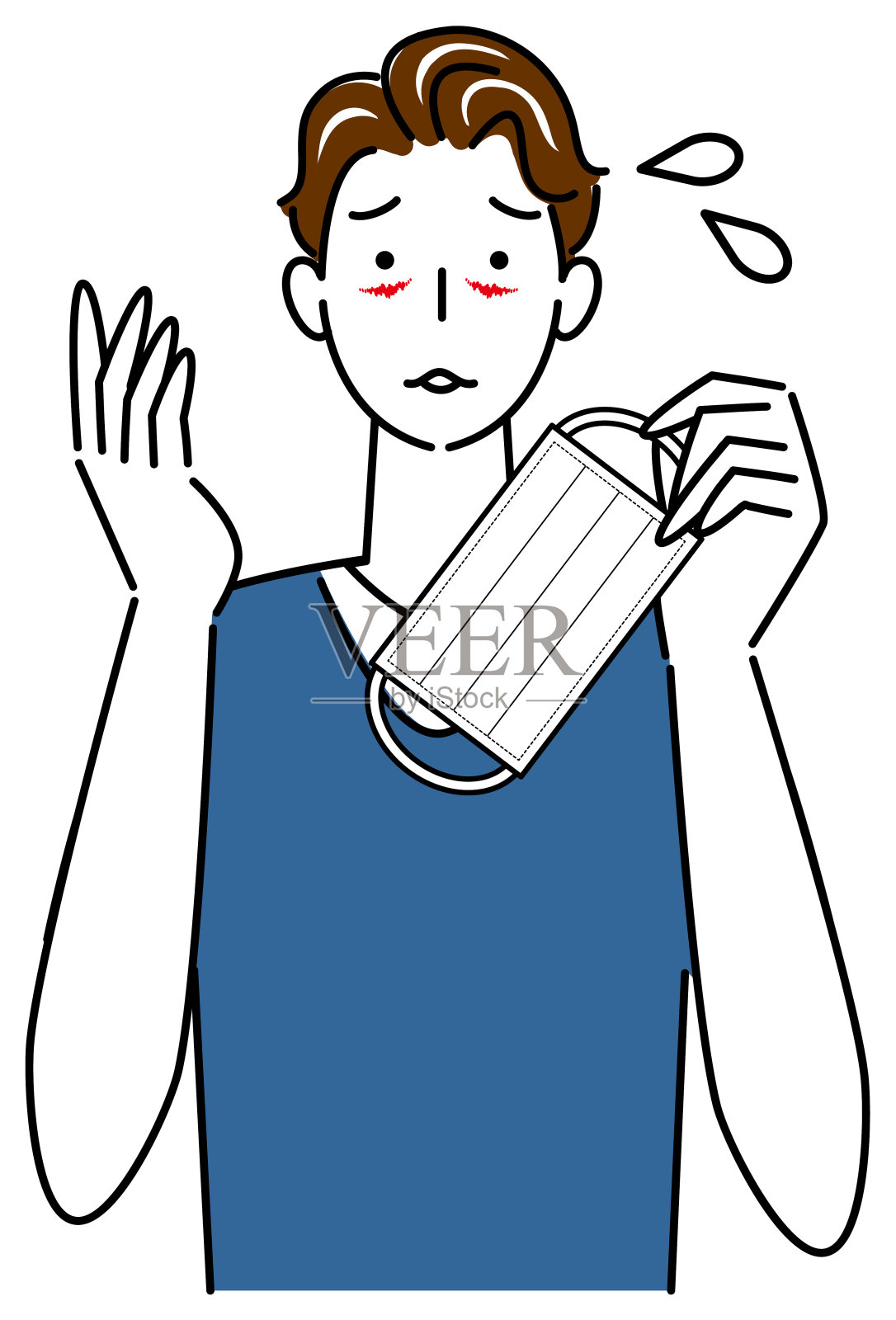 皮肤护理。一名男子因戴口罩在脸上划伤而陷入麻烦。说明简单的向量。插画图片素材