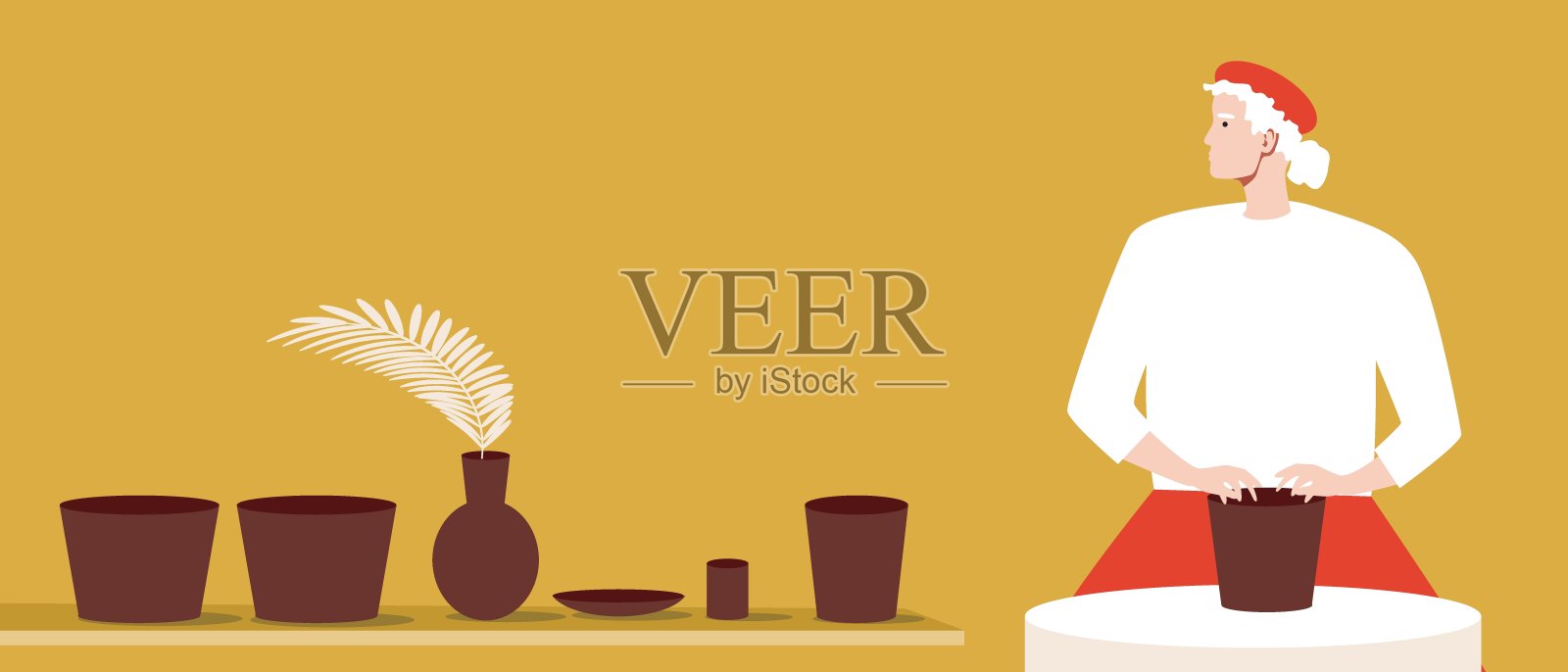 老陶女人，复制空间模板，平面矢量图库与陶罐作为爱好和工艺插画图片素材